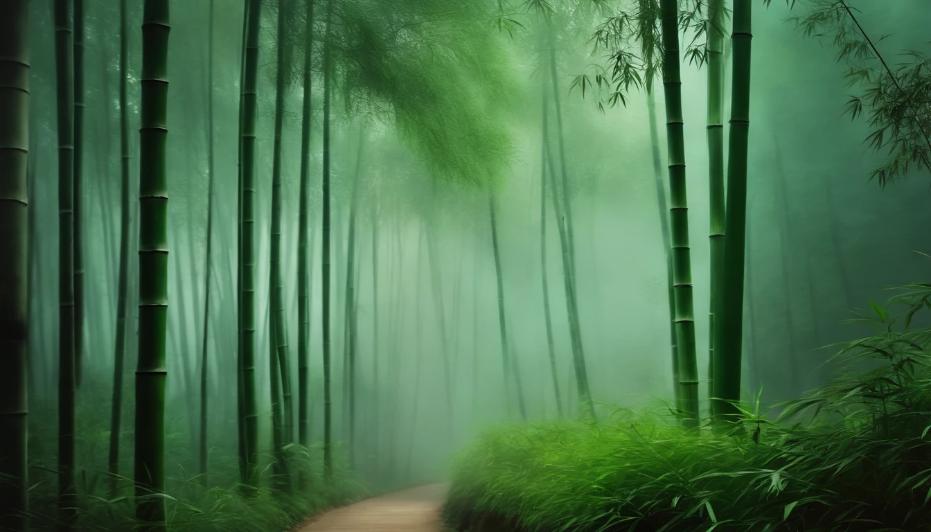 bamboo forrest，paths，Light wind，Cloud fog，Chinese painting style，
