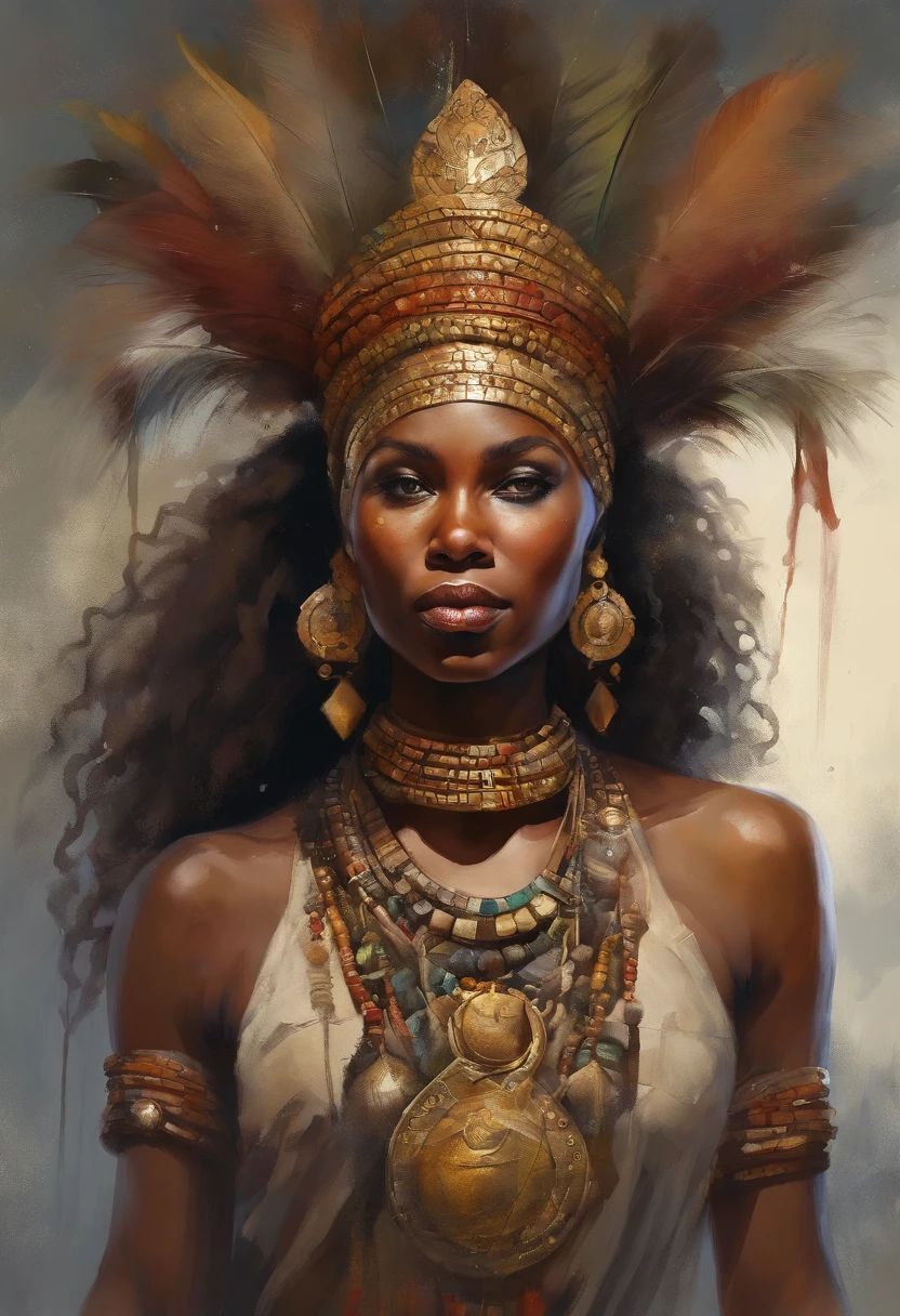 foto de corpo inteiro sem roupas obra de arte mais bonita do mundo, apresentando uma tribal ((fantasia)) mulher guerreira rainha africana, no exotic clothes, (sentado: 1.2), (de_lado: 1.3), pintura a realista majestosa de Ed Blinkey, Atey Ghailan, Studio Ghibli, por Jeremy Mann, Greg Manchess, Antonio Moro, trends at ArtStation, trends at CGSociety, Intricate, High Detail, Sharp focus, dramatic, photorealistic painting art by midjourney and greg rutkowski