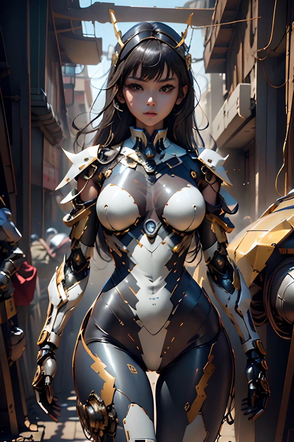 ((Best Quality, 8K, masutepiece: 1.3)), 1girl in, Shiny skin,
sharp, Perfect Body Beauty, realistic shaded perfect body, ("Bosi Suit ,Transparent " :1.2),
, (Mechanical armored gloves:1.2), (Mechanical Armor Leggings:.2) Big_breasts ,Mechanical, Thigh ,Dynamic Pose, No bra, electricity, Wind, elaborate details