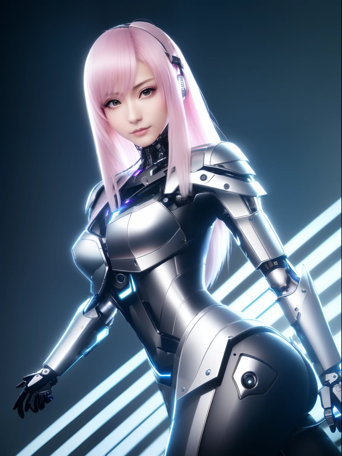 ((masutepiece)), ((top-quality), high quarity、ultra-definition, Realistic, (Ultra-fine face)、fulcolor 、One beautiful robot woman、(Mechanical joints:1.1)、Parts of the machine、Thick wire joints、White porcelain mechanical armor、(Curvaceous face)、deadpan、Normal mouth、pink straight hair、((Electronic substrate))、Take photos from head to knee、Cyber City