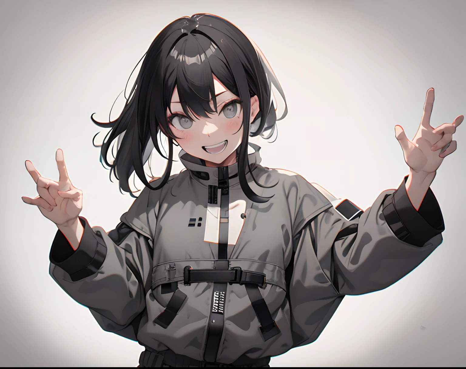 Highest Quality, masutepiece】 [girl, Manteau, expressioness, Black eyes, front facing, Black hair, Walking, Upper body] (Gray white background:1.7), Smile with teeth