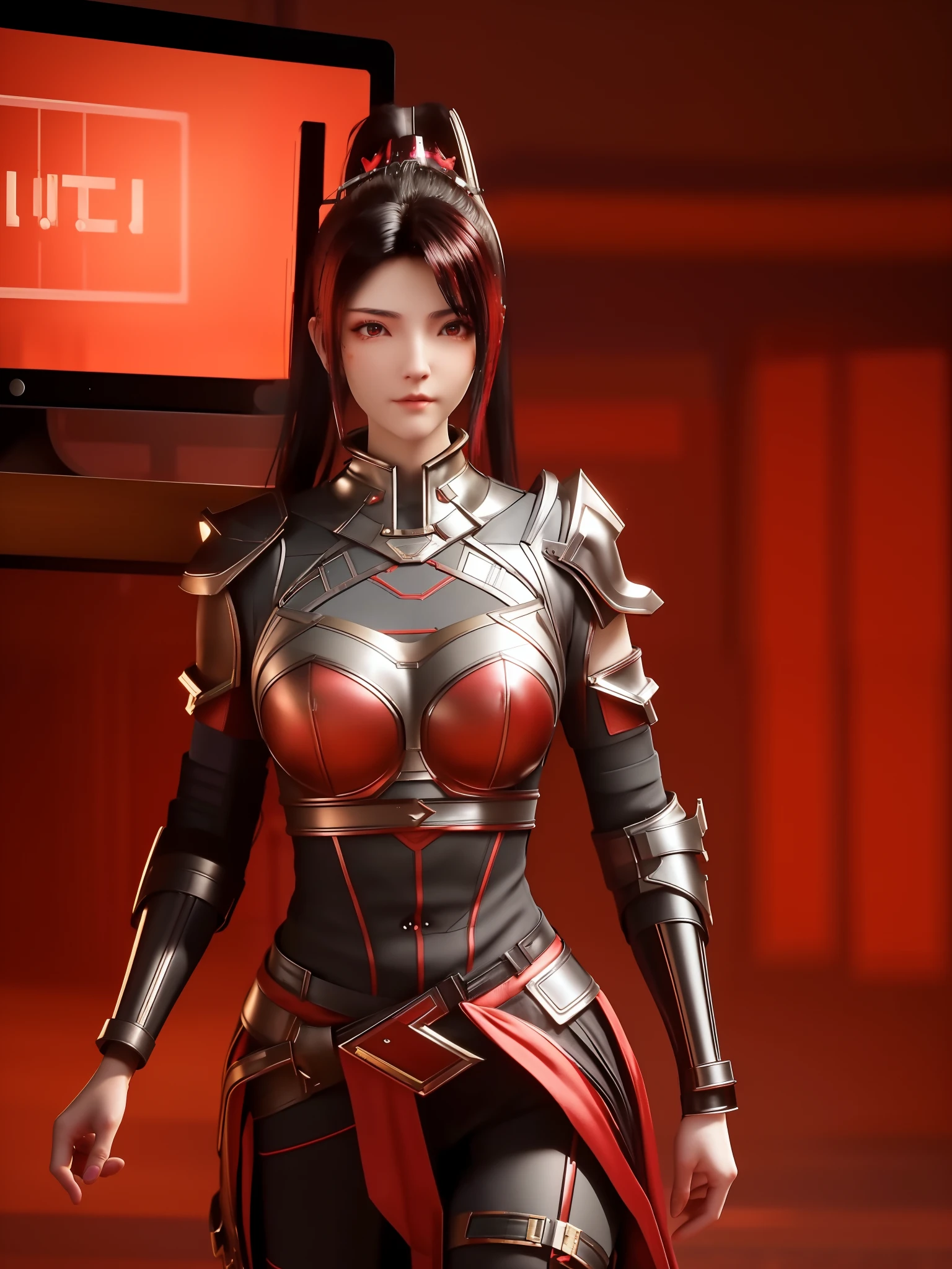 SYWZwangyuanyuan,1girl, armor,cityscape, night, looking at viewer, mature female, red eyes,high ponytail, hair ornament, red shirt,cowboy shot, pauldrons,((Best quality)), ((masterpiece)), (highly detailed:1.3), 3D, beautiful (cyberpunk:1.3) hacker woman with thick voluminous hair operating a computer terminal