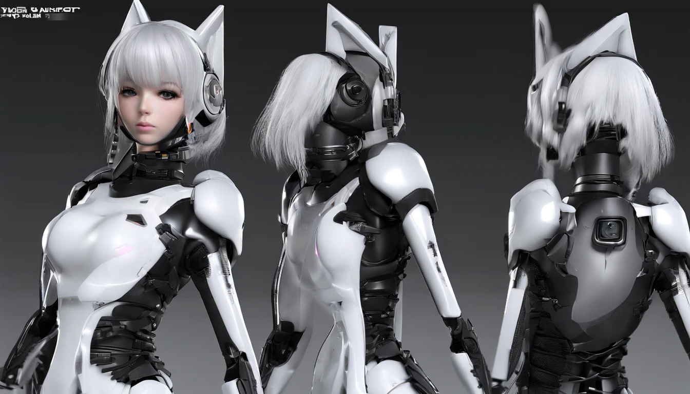 （8K，tmasterpiece，best qualtiy），great clarity，Clear face，Hyper-detailing，Beautiful fine eye with beautiful details，Beautifully detailed face，Nice face，high high quality，A high resolution，Nice hairstyle，photorealistic eye，Nice detail eyes，（Realistic skin），Robot girl wearing sexy outfit，Clothing that exposes，Sexy tights，cyberpunk bodysuit，high slit leotard，Silver tights，glowing light eyes，Robot earmuffs，Fingerless gloves，（gigantic cleavage breasts：1.4），Bigboobs，The breasts are mostly bare，Bare belly，Kiss someone，Distracted eyes，face expressionless，inch hair style（The hair was cut short，Close to the scalp），silber hair，Very short hair，Silver girl robot，Mechanical prosthesis，mechanical leg，Mechanical wrist，Mechanical skin，Mechanical neck，High-heeled stiletto heeled boots，Bare thighs，Big breasts Thin waist, Wide hips，Tall，full-body portraits，Face the camera head-on，Perfect female body，Voluptious body，Sexy female robot，Very sexy female mechanical body，Standing posture，cyborg robot parts，full body shot shot，Full body appearance，Front lens