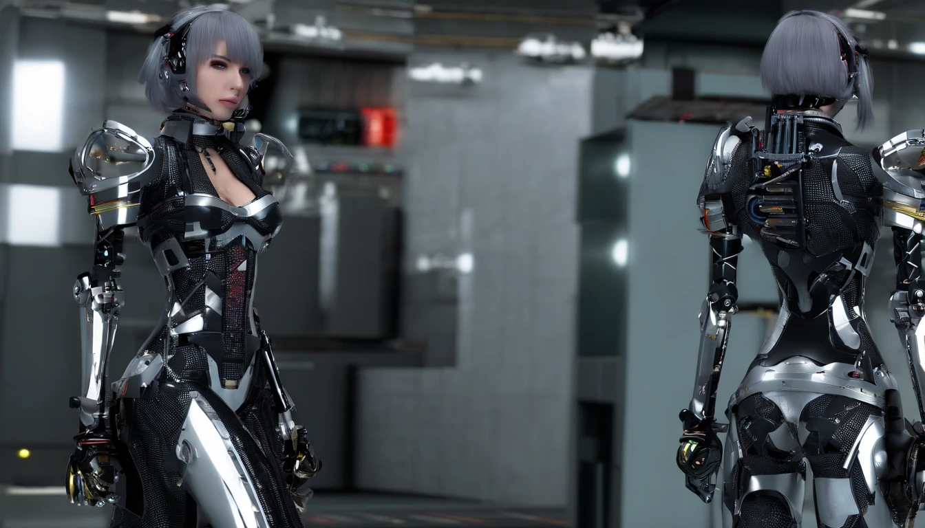 (8K,tmasterpiece,best qualtiy),great clarity,Clear face,Hyper-detailing,Beautiful fine eye with beautiful details,Beautifully detailed face,Nice face,high high quality,A high resolution,Nice hairstyle,photorealistic eye,Nice detail eyes,(Realistic skin),Robot girl wearing sexy outfit,Clothing that exposes,Sexy tights,cyberpunk bodysuit,high slit leotard,Silver tights,glowing light eyes,Robot earmuffs,Fingerless gloves,(gigantic cleavage breasts:1.4),Bigboobs,The breasts are mostly bare,Bare belly,Kiss someone,Distracted eyes,face expressionless,inch hair style(The hair was cut short,Close to the scalp),silber hair,Very short hair,Silver girl robot,Mechanical prosthesis,mechanical leg,Mechanical wrist,Mechanical skin,Mechanical neck,High-heeled stiletto heeled boots,Bare thighs,Big breasts Thin waist, Wide hips,Tall,full-body portraits,Face the camera head-on,Perfect female body,Voluptious body,Sexy female robot,Very sexy female mechanical body,Standing posture,cyborg robot parts,full body shot shot,Full body appearance,Front lens