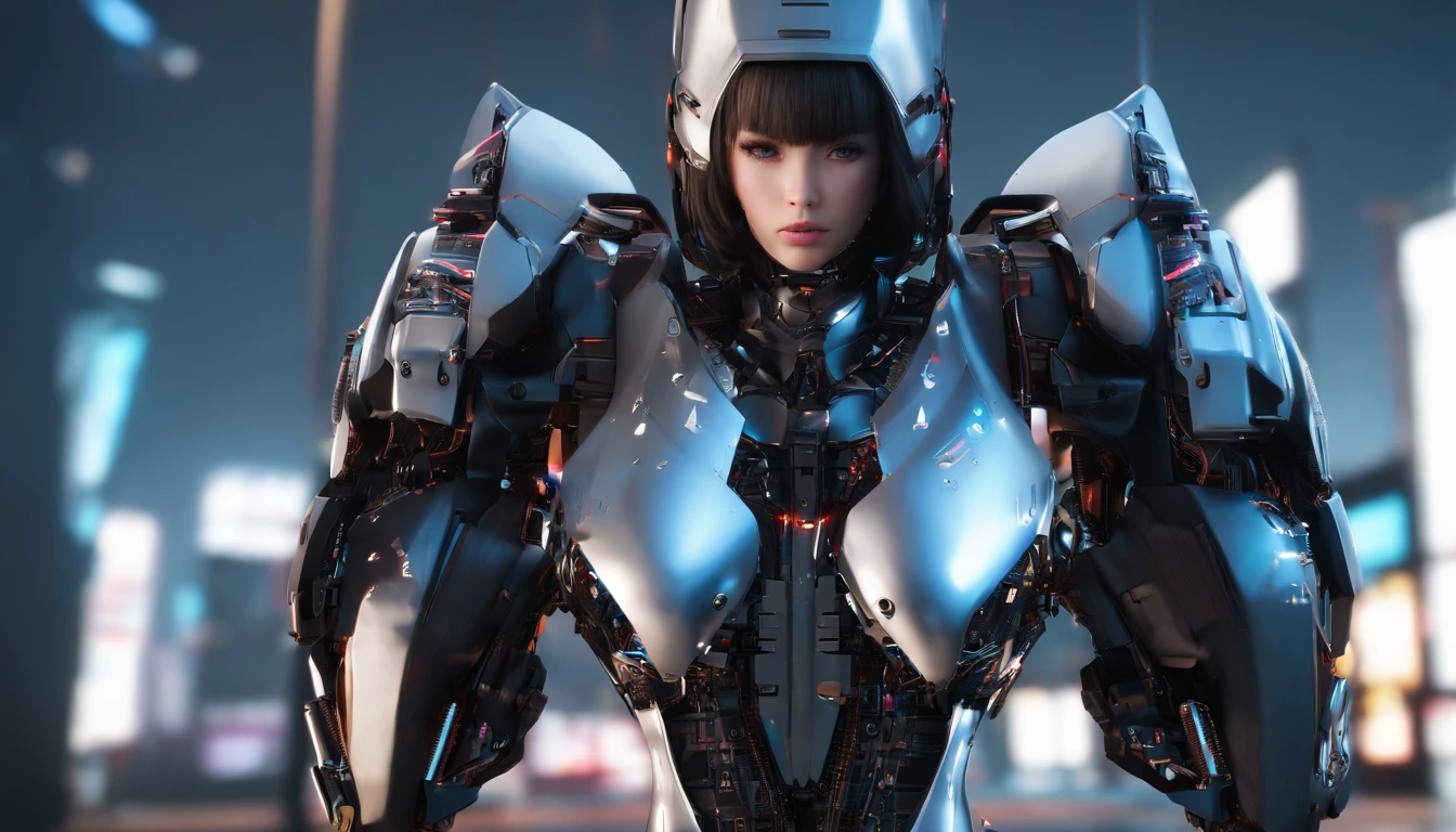 (8K,tmasterpiece,best qualtiy),great clarity,Clear face,Hyper-detailing,Beautiful fine eye with beautiful details,Beautifully detailed face,Nice face,high high quality,A high resolution,Nice hairstyle,photorealistic eye,Nice detail eyes,(Realistic skin),Robot girl wearing sexy outfit,Clothing that exposes,Sexy tights,cyberpunk bodysuit,high slit leotard,Silver tights,glowing light eyes,Robot earmuffs,Fingerless gloves,(gigantic cleavage breasts:1.4),Bigboobs,The breasts are mostly bare,Bare belly,Kiss someone,Distracted eyes,face expressionless,inch hair style(The hair was cut short,Close to the scalp),silber hair,Very short hair,Silver girl robot,Mechanical prosthesis,mechanical leg,Mechanical wrist,Mechanical skin,Mechanical neck,High-heeled stiletto heeled boots,Bare thighs,Big breasts Thin waist, Wide hips,Tall,full-body portraits,Face the camera head-on,Perfect female body,Voluptious body,Sexy female robot,Very sexy female mechanical body,Standing posture,cyborg robot parts,full body shot shot,Full body appearance,Front lens