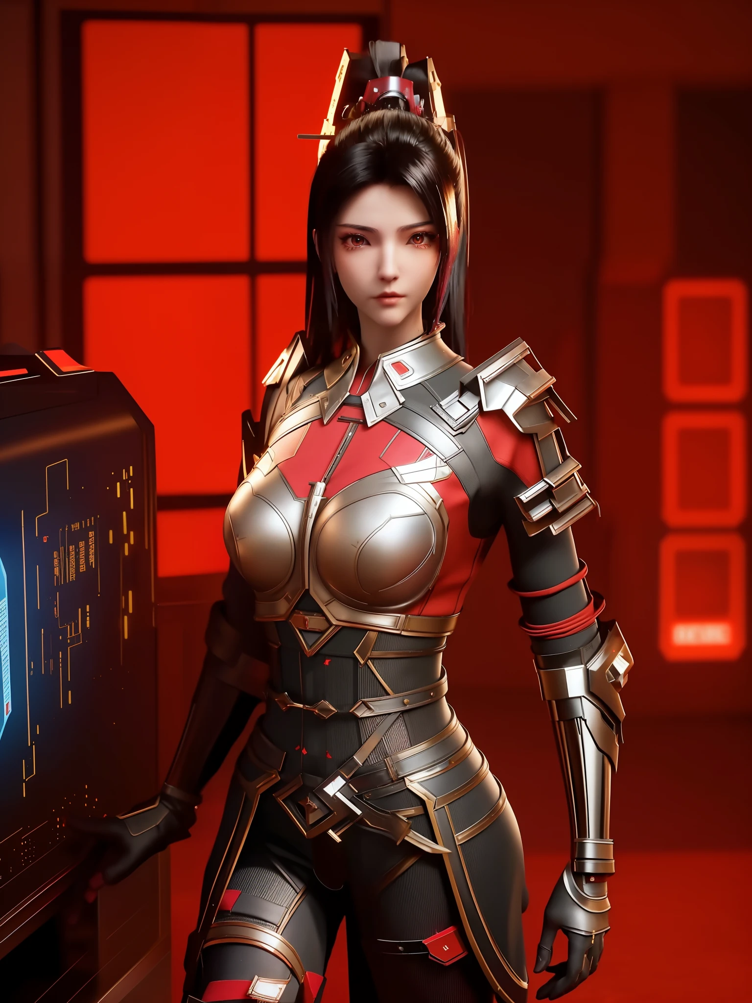 SYWZwangyuanyuan,1girl, armor,cityscape, night, looking at viewer, mature female, red eyes,high ponytail, hair ornament, red shirt,cowboy shot, pauldrons,((Best quality)), ((masterpiece)), (highly detailed:1.3), 3D, beautiful (cyberpunk:1.3) hacker woman with thick voluminous hair operating a computer terminal