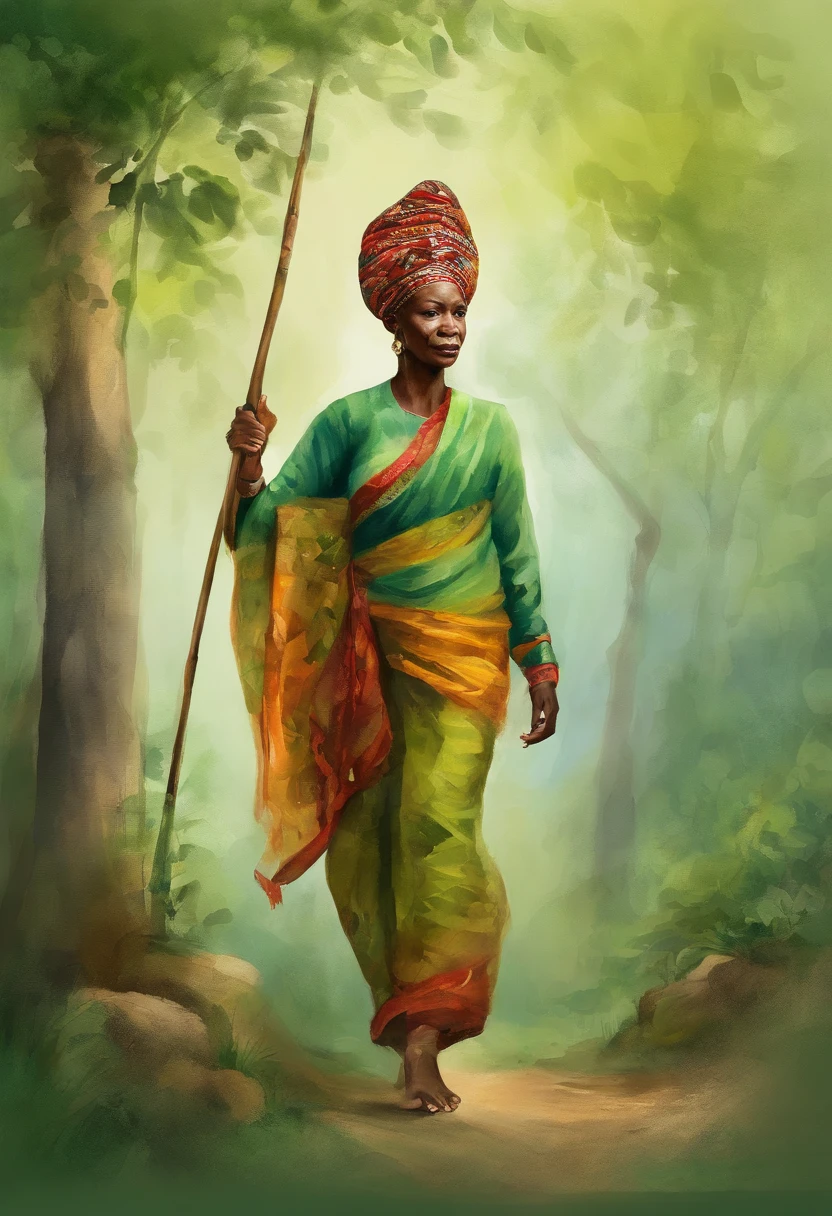 1 garota afro-americana, bombeira, Forest of green trees, cercado pela chuva, illustration style, motion blur, long full-body exposure, exquisite facial features, Chinese styleink style, estilo de artes marciais, Foco seletivo, panorama, (Bokeh:1.5)
