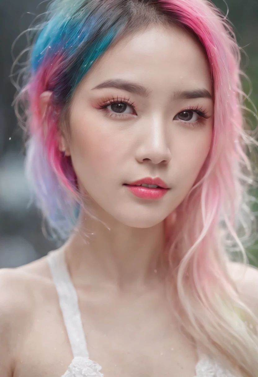 Beautiful Japan woman, nice perfect face with soft skin, small face with nose and rose-like lips, beautiful eyes, beautiful smile. Busty, lace top. Rainbow, thin and long beautiful hair bathed in a bright etheric shine. Gradient highlight greige layer loose fluffy medium hairstyle, bright neon colorful background, super realistic woman photo, high quality High Resolution 8K masterpiece