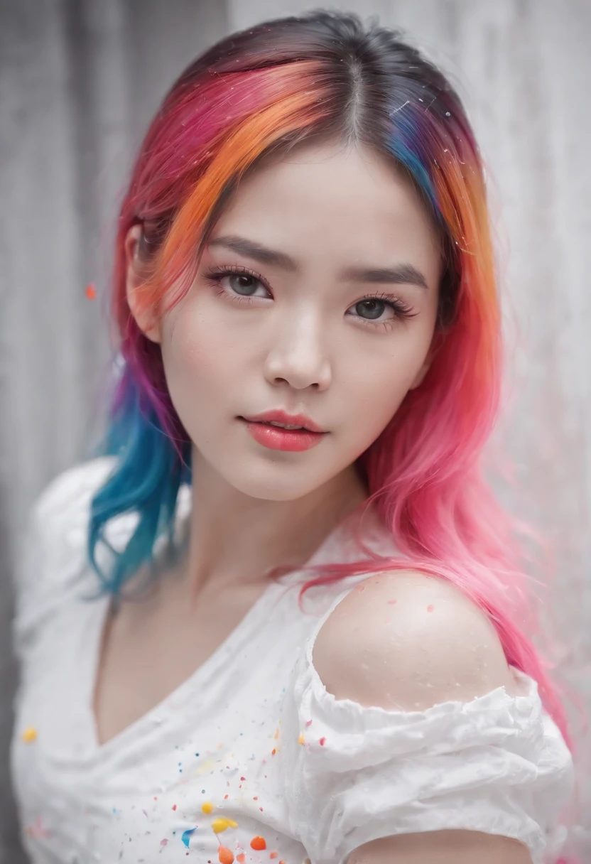 (Masterpiece, Best Quality, High Resolution), White Background, ((Paint Splash, Color Splash, Splash of Ink, Color Splash)), Sweet Chinese Girl, Rainbow Hair, Pink Lips, Front, Upper Body