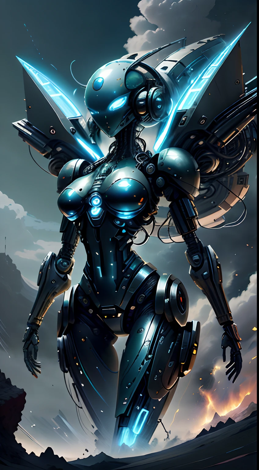 (8k, La mejor calidad, Obra maestra:1.2 Hermosa mujer, pelo corto ojos azules Ojos azules 4k pechos grandes voluptuoso cuerpo entero, Usando armadura estilo Master Chef, condenar, precioso y hundido, sculptural body, , campo de batalla, alien planet, Alien battle,