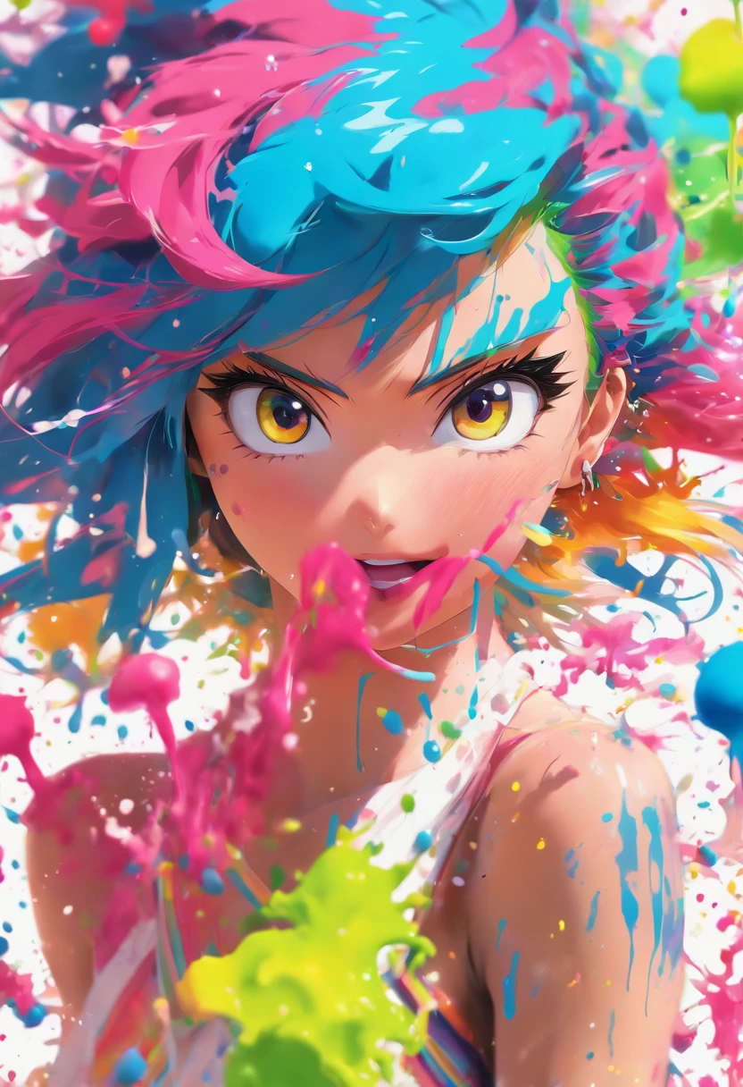 (Masterpiece, Best Quality, High Resolution), White Background, ((Paint Splash, Color Splash, Splash of Ink, Color Splash)), Sweet Chinese Girl, Rainbow Hair, Pink Lips, Front, Upper Body