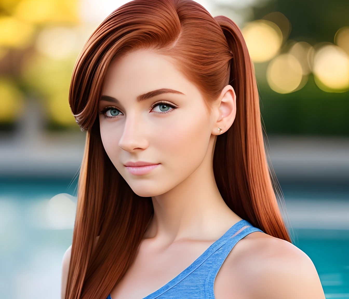 Skinny auburn hair teen hyper-real skin hyper-real face real skin 8k 18 year old hair pulled back into bun style