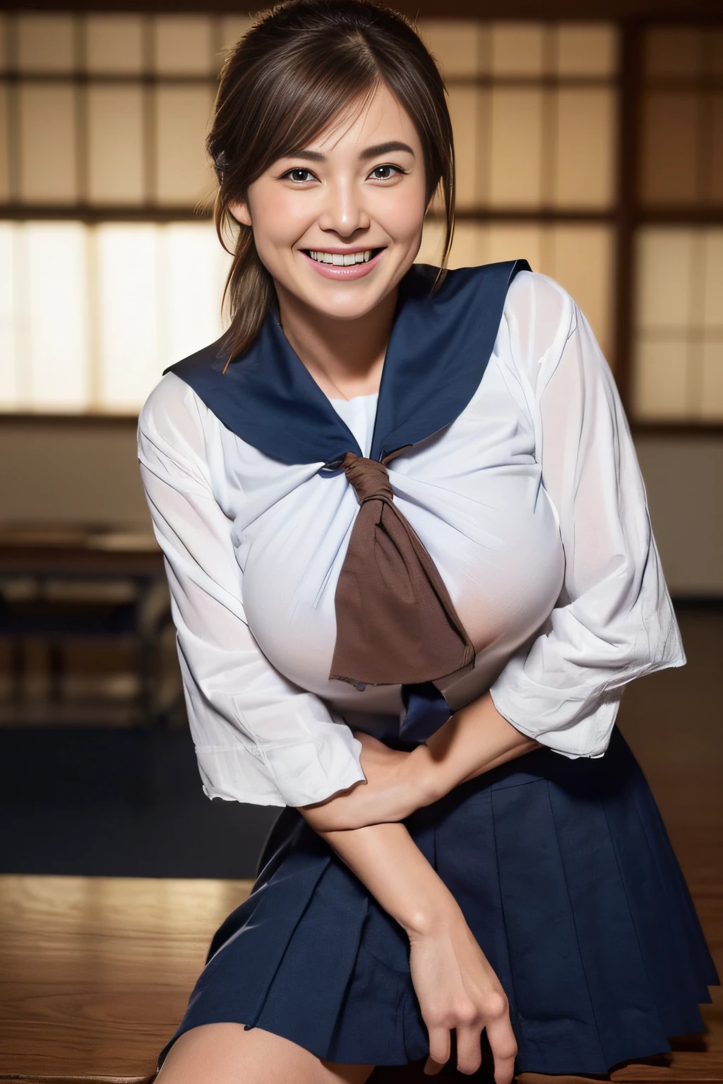 ((Japanese Beautiful Mature Woman:1.3)) ((School Uniforms:1.4)) ((pantyshot:1.5)) ((highschool)),((Dark blue skirt:1.3)) ((in class room:1.3)) ((Thin_fabric:1.4)) ((Random sexy poses:1.3)) ((full of sweat:1.5))((with a flushed face:1.4)) ((Big breasts:1.4)) ((close-up:1.2)) Best Quality,masutepiece,超A high resolution,(Photorealistic:1.4),Raw photo,(Authentic skin texture:1.3),(Film grain:1.3),the panorama,Character Portrait,Very Wide Shot,Narrow waist,Cowboy Shot,(In the Dark, deepshadow, lowkey, cold light,) Night,(()),Streaming Tears,,Dust,Tindall Effect,(expression),1girl in,beautiful detailed eyes and face,White Jabot,Brown eyes,((Brown hair:1.2)) ((Full body:1.3)) ((Smile:1.3))