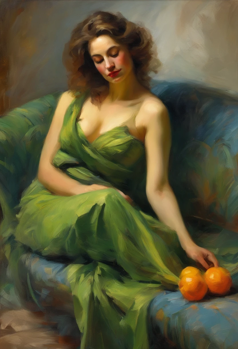 A painting of a woman with her eyes closed, perfect arms and hands, elegant in nature, beautiful backlighting on hair, full lips, wavy hair, up-do, her elbow leaning on sofa arm, with her hand resting under her chin, smiling about the events of the day, wearing a beautiful green dress, with exposed cleavage, breasts exposed and hanging out, 1 breast, ((golden ratio}} laying on the sofa after a long night on the town, a sensual painting, a Beautiful expressive painting, Wadim Kashin. Ultra photo realism, Louise Ross, digital painting art, Perceptual digital painting, Stylish digital painting, Bonito painting, glossy digital painting, beautiful digital painting, digital art painting, Fine paintings, thick strokes, pallette knife, impasto, Albrecht Dürer, Rembrandt, baroque art, alla prima, sfumato, chiaroscuro, intense light, catchlight