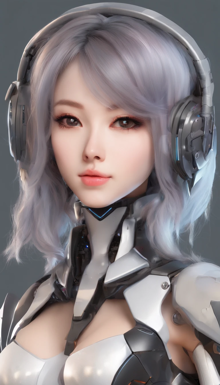 （8K，tmasterpiece，best qualtiy），great clarity，Clear face，Hyper-detailing，Beautiful fine eye with beautiful details，Beautifully detailed face，Nice face，high high quality，A high resolution，Nice hairstyle，photorealistic eye，Nice detail eyes，（Realistic skin），Robot girl wearing sexy outfit，Clothing that exposes，Sexy tights，cyberpunk bodysuit，high slit leotard，Silver tights，glowing light eyes，Robot earmuffs，Fingerless gloves，（gigantic cleavage breasts：1.4），Bigboobs，The breasts are mostly bare，Bare belly，Kiss someone，Distracted eyes，face expressionless，inch hair style（The hair was cut short，Close to the scalp），silber hair，Very short hair，Silver girl robot，Mechanical prosthesis，mechanical leg，Mechanical wrist，Mechanical skin，Mechanical neck，High-heeled stiletto heeled boots，Bare thighs，Big breasts Thin waist, Wide hips，Tall，full-body portraits，Face the camera head-on，Perfect female body，Voluptious body，Sexy female robot，Very sexy female mechanical body，Standing posture，cyborg robot parts，full body shot shot，Full body appearance，Front lens