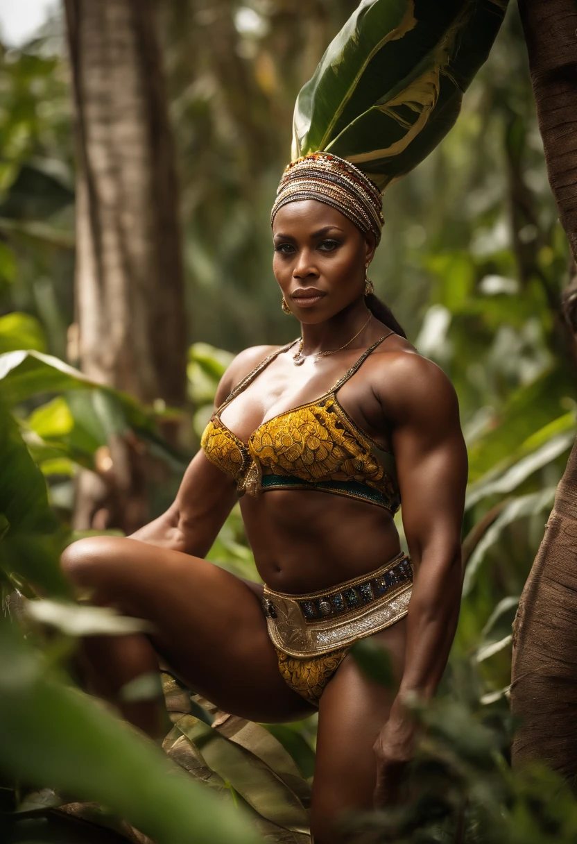 Photorealistic photography of lady afrikan Bodybuilder an African sexy woman with gigantic breasts weighing 300 kg of muscles with very sculpted abs, big shoulders and very muscular legs, dressed like an indigenous while picking a banana from a tree in the jungle of the Congo on a magnificent sunny day