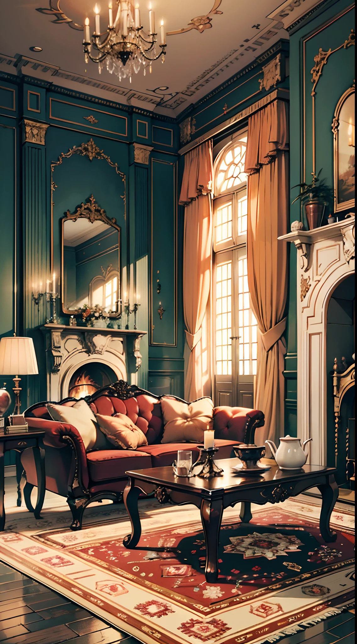 Photography, sofa, tea table, ( living room), curtains, waxy candles, decorations, wooden floor, carpet, fireplace