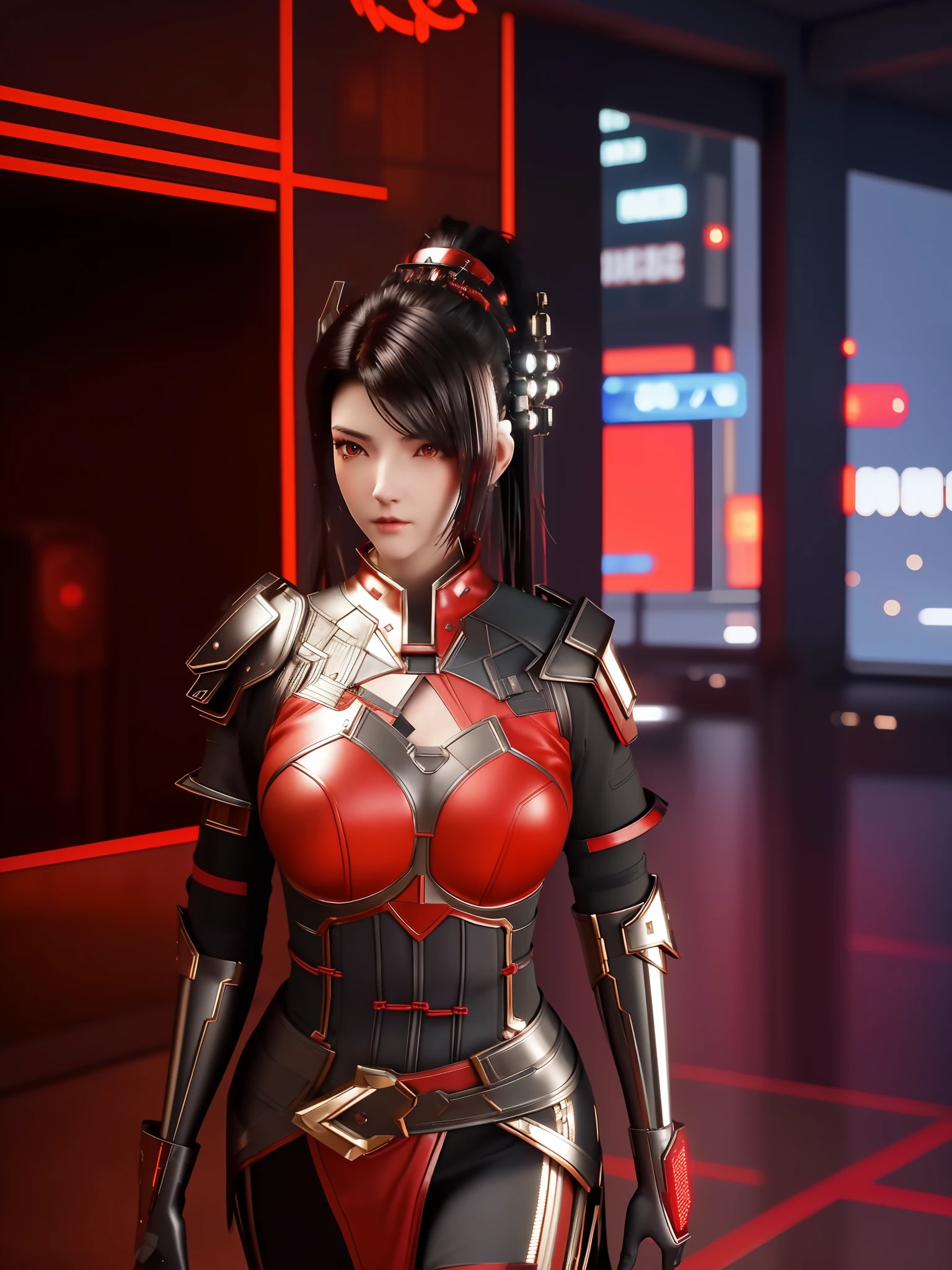 SYWZwangyuanyuan,1girl, armor,cityscape, night, looking at viewer, mature female, red eyes,high ponytail, hair ornament, red shirt,cowboy shot, pauldrons,((Best quality)), ((masterpiece)), (highly detailed:1.3), 3D, beautiful (cyberpunk:1.3) hacker woman with thick voluminous hair operating a computer terminal