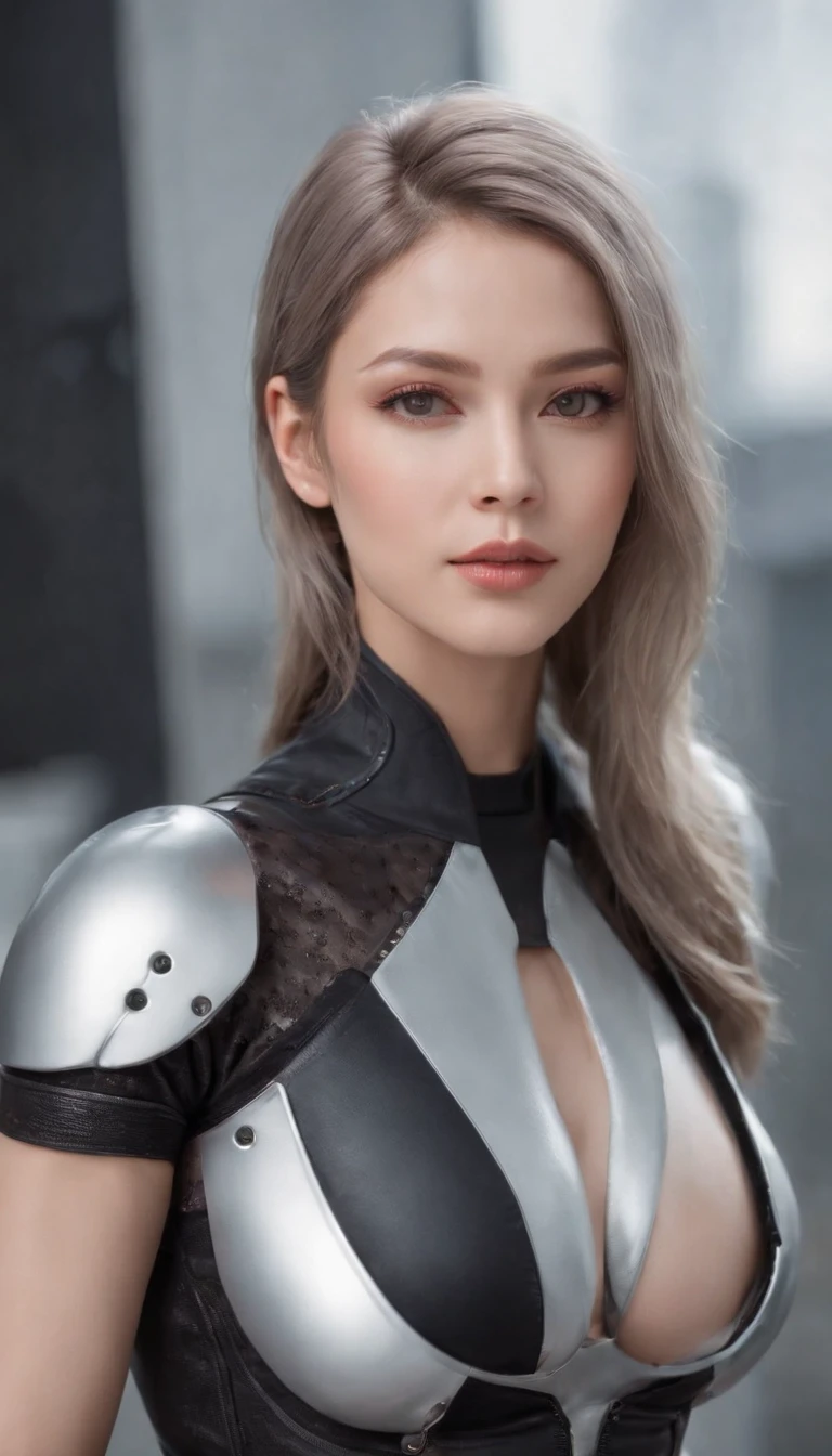 （8K，tmasterpiece，best qualtiy），great clarity，Clear face，Hyper-detailing，Beautiful fine eye with beautiful details，Beautifully detailed face，Nice face，high high quality，A high resolution，Nice hairstyle，photorealistic eye，Nice detail eyes，（Realistic skin），Robot girl wearing sexy outfit，Clothing that exposes，Sexy tights，cyberpunk bodysuit，high slit leotard，Silver tights，glowing light eyes，Robot earmuffs，Fingerless gloves，（gigantic cleavage breasts：1.4），Bigboobs，The breasts are mostly bare，Bare belly，Kiss someone，Distracted eyes，face expressionless，inch hair style（The hair was cut short，Close to the scalp），silber hair，Very short hair，Silver girl robot，Mechanical prosthesis，mechanical leg，Mechanical wrist，Mechanical skin，Mechanical neck，High-heeled stiletto heeled boots，Bare thighs，Big breasts Thin waist, Wide hips，Tall，full-body portraits，Face the camera head-on，Perfect female body，Voluptious body，Sexy female robot，Very sexy female mechanical body，Standing posture，cyborg robot parts，full body shot shot，Full body appearance，Front lens