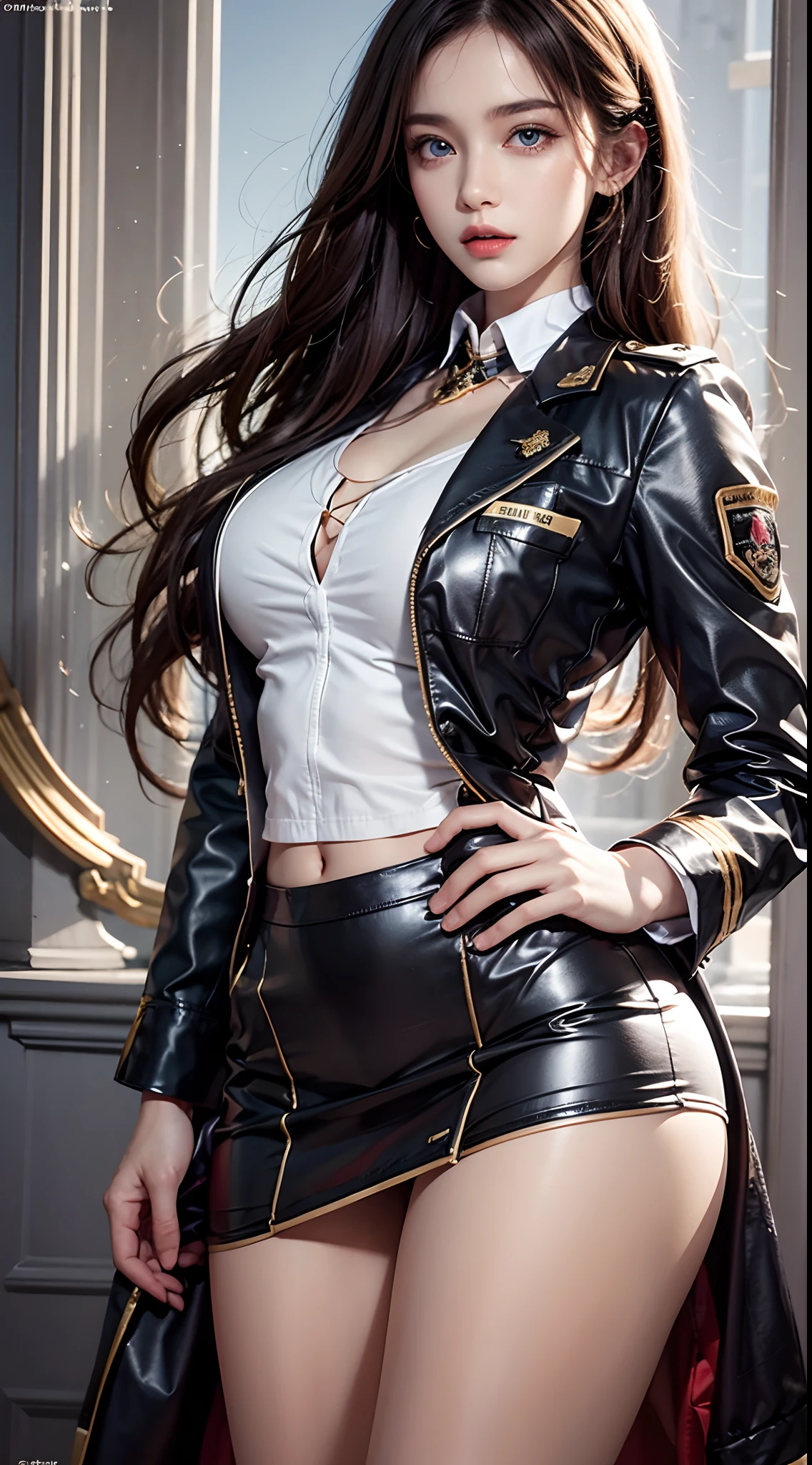 photorealistic, high resolution, soft lights, 1women, solo, hips up, blue eyes, white long hair, military uniform, jacket, shirt, skirt