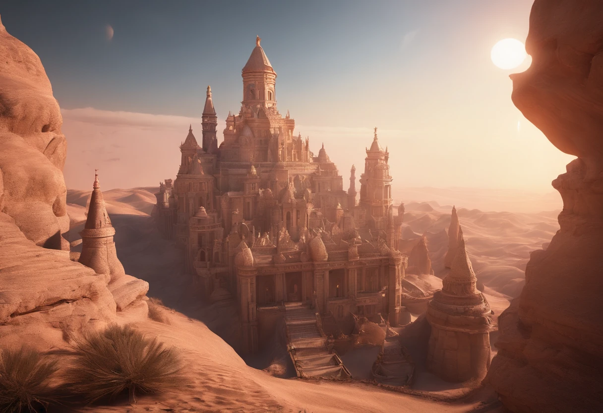 A mechanical castle flying in the sky,The ruins of an aerial temple made up of sharp crystal ores。Fluorescent vortices leave traces。Pink gradient sky and white moon。Crystalline ore with prismatic luminescence。Ultra-wide-angle lens effect。sunny clear sky,Artistically,in a panoramic view,immensity,old,Desert landscape,Ship skeleton,the sunset,A huge wall on the horizon,View from above,decor,sculpted,decor,buliding,big breasts beautiful,Amazing,high high quality,fanciful,Wide screen,A high resolution,Highly meticulous,picturesque。