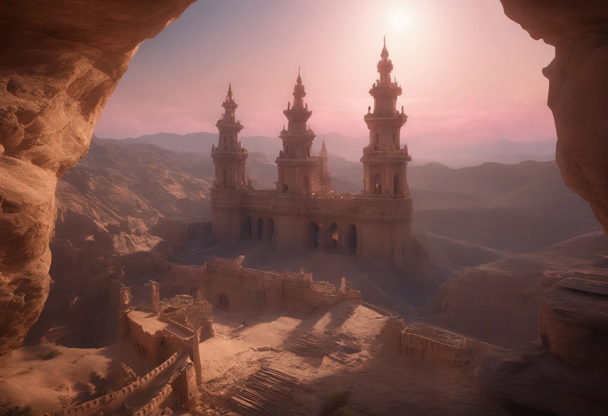 A mechanical castle flying in the sky,The ruins of an aerial temple made up of sharp crystal ores。Fluorescent vortices leave traces。Pink gradient sky and white moon。Crystalline ore with prismatic luminescence。Ultra-wide-angle lens effect。sunny clear sky,Artistically,in a panoramic view,immensity,old,Desert landscape,Ship skeleton,the sunset,A huge wall on the horizon,View from above,decor,sculpted,decor,buliding,big breasts beautiful,Amazing,high high quality,fanciful,Wide screen,A high resolution,Highly meticulous,picturesque。