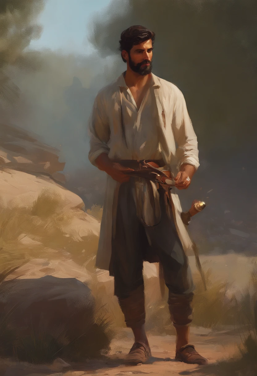 Portrait of head and shoulders Young artist Gustavo Lima handsome Arab by Ismail Inceoglu, m.em. Kaluta, longos cabelos pretos parcialmente para cima e parcialmente para baixo, brincos de prata, barba, Jesus, Fundo bonito da natureza, 8k resolution Hyper-detailed hyper-realistic digital illustration Splash art trend on Artstation
