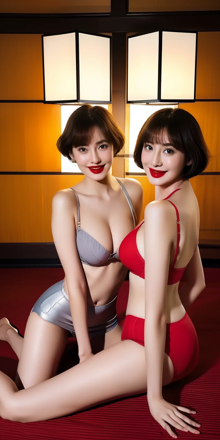 2guys、Looking at the camera、Silver Enamel Bodycon、Bob Hair、red lipsticks、Retro underwear、a miniskirt、Full smile、standup、lift knees、traditional Japanese room、3女の子、kick