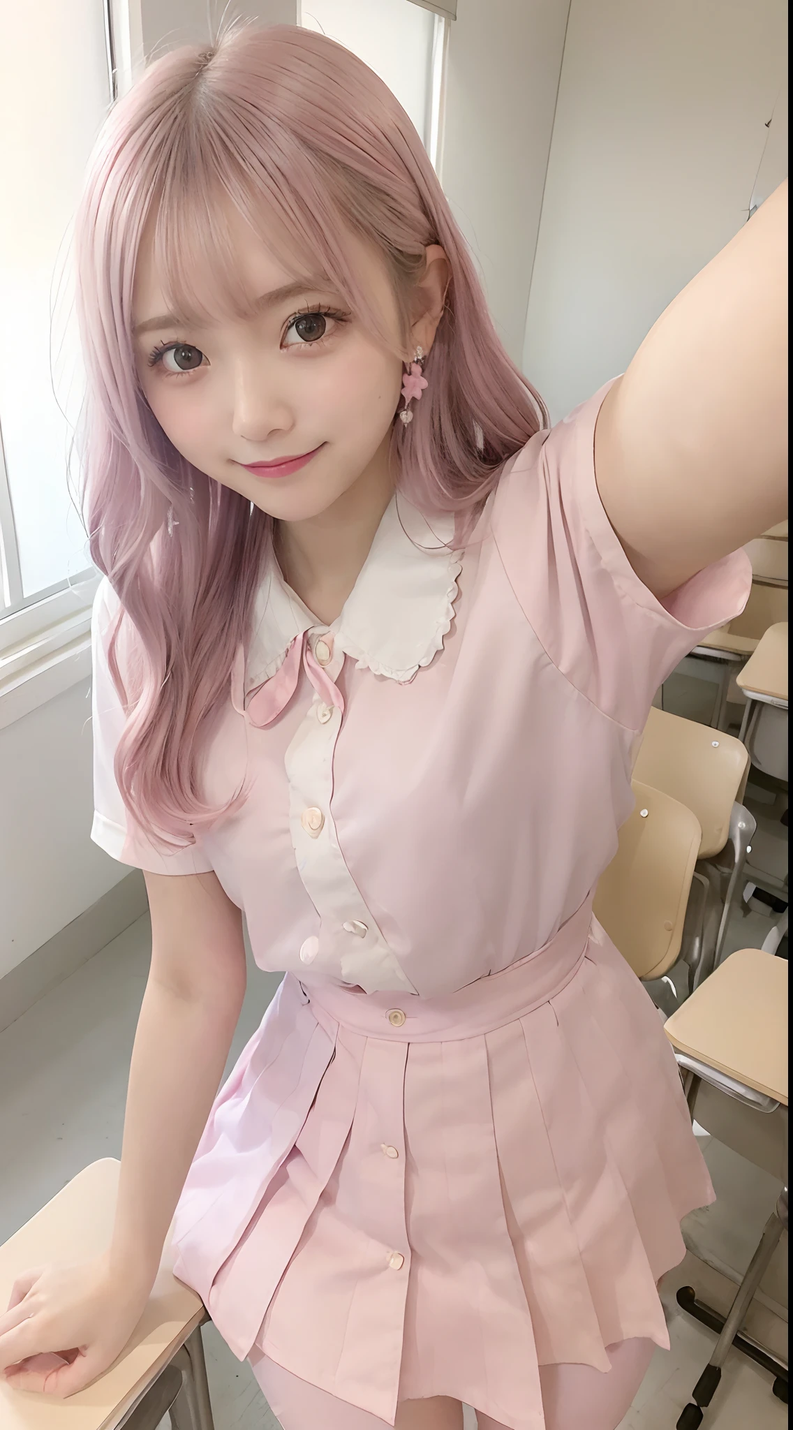 ((Selfie Shots:1.3))1girl in,18year old、((A smile:1.2))kawaii,Cute,Energetic girl,, Light pink hair, silky, Delicate and shiny hair, cute hair accessories, sapphire eyes, Sparkling eyes, Big eyes,Shape Eyeshadow,(Pink school uniform:1.2), PINK SHIRT,Unbutton,Striped ribbon, a miniskirt,Masterpieces,of the highest quality, Very dense, pastel color,((in class room:1.3))