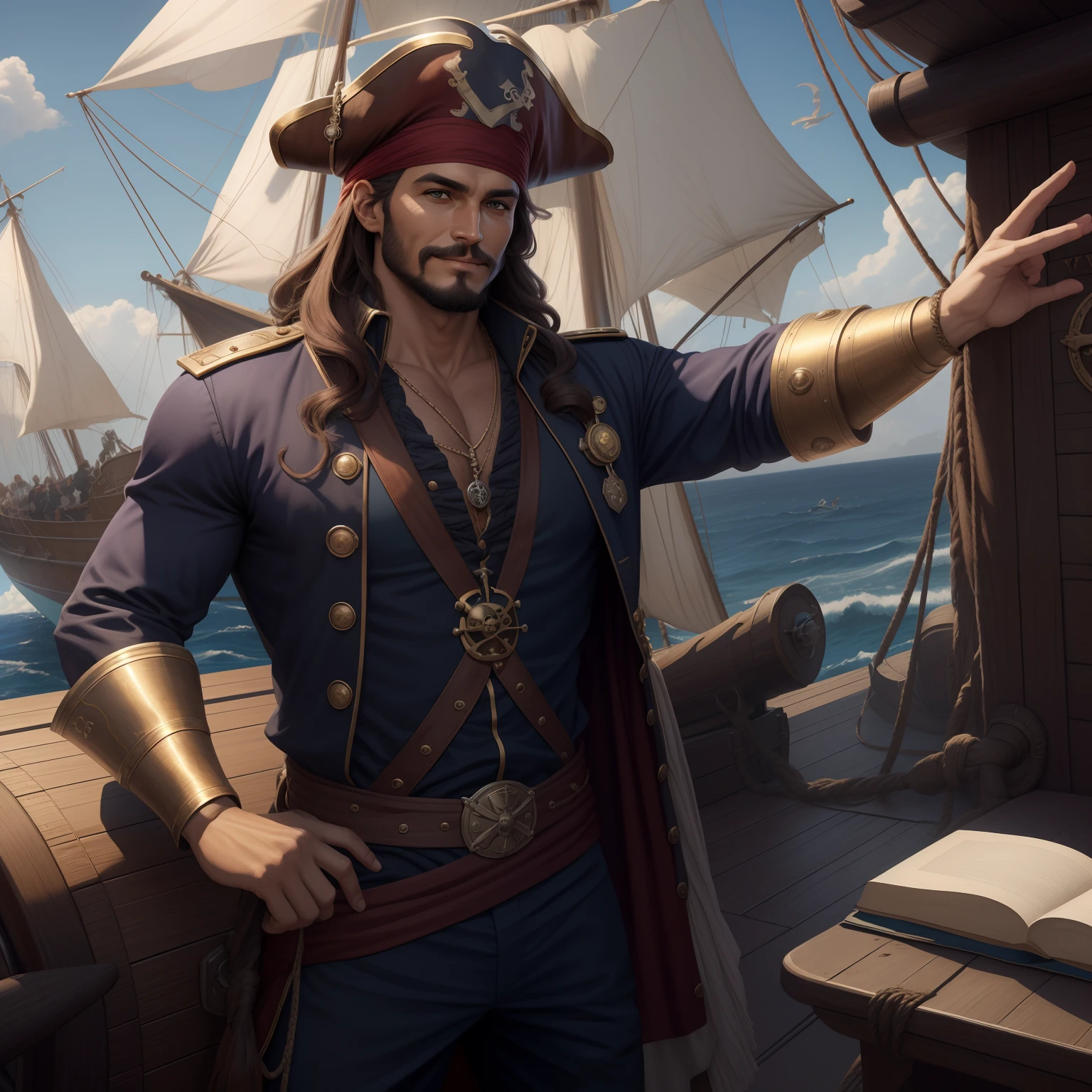 Arte inspirada John Buscema,best quality, Arte CG, ultra-detalhado, illustration, Amazing, detalhe fino, CG extremamente detalhado, Belo brilho detalhado, Livro de arte, Original, (Pirate ship captain with a fearless smile looking at the telescope on deck), cabelos brilhantes, shiny pirate captain hat, Pirate captain's shiny clothes, (pele cintilante, pele oleosa), em um navio pirata, selvagem, suar, batom