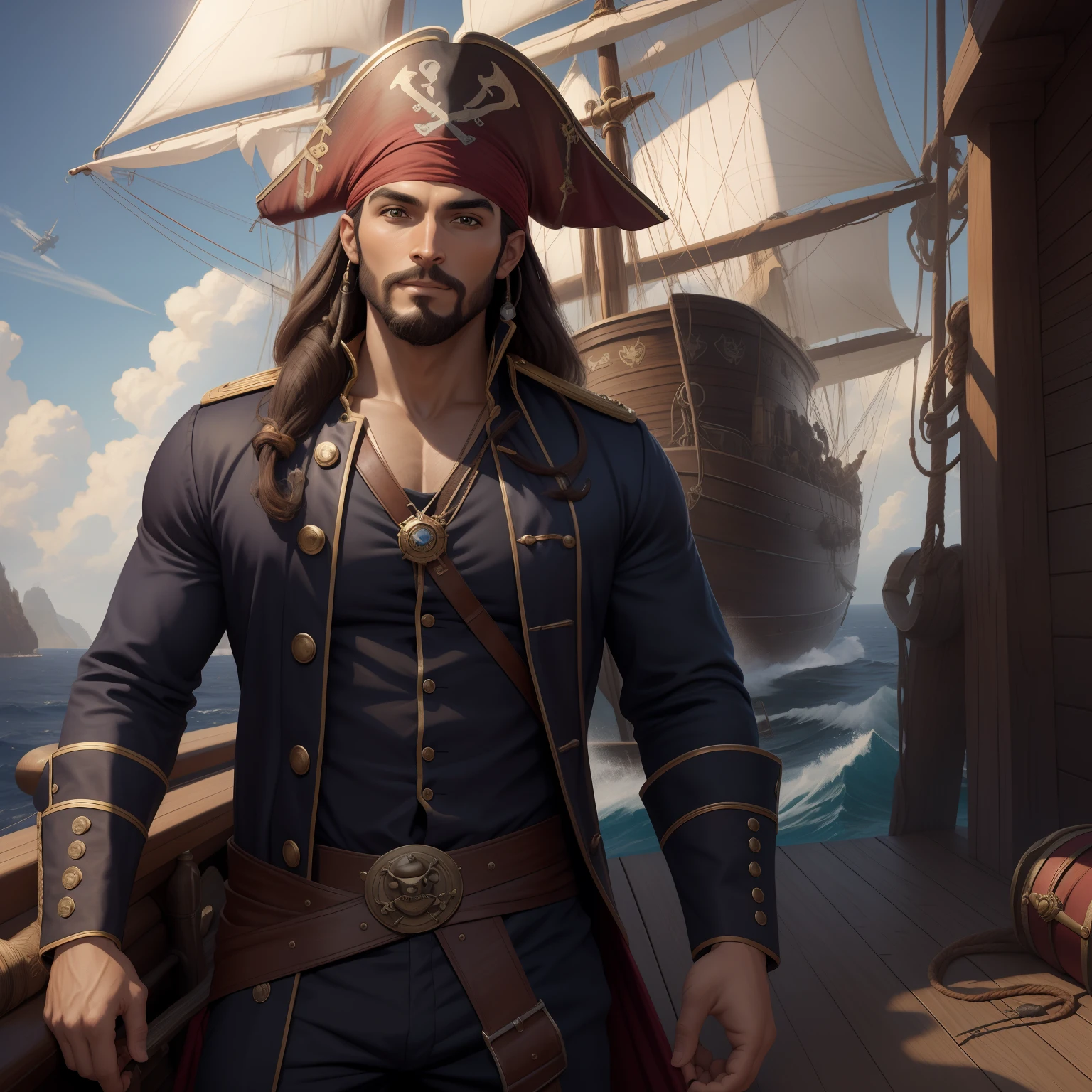 Arte inspirada John Buscema,best quality, Arte CG, ultra-detalhado, illustration, Amazing, detalhe fino, CG extremamente detalhado, Belo brilho detalhado, Livro de arte, Original, (Pirate ship captain with a fearless smile looking at the telescope on deck), cabelos brilhantes, shiny pirate captain hat, Pirate captain's shiny clothes, (pele cintilante, pele oleosa), em um navio pirata, selvagem, suar, batom