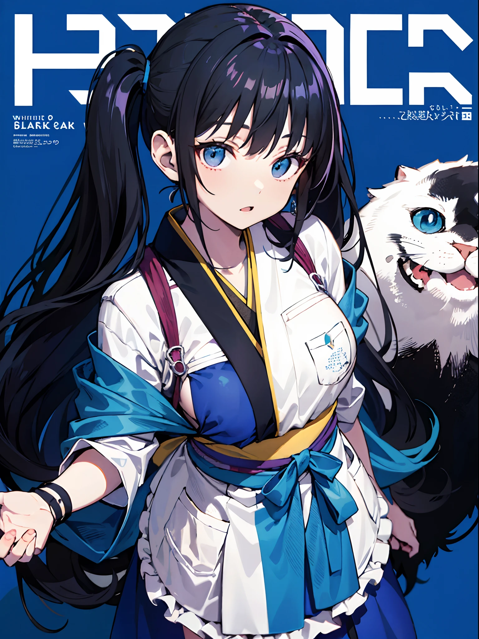 takinainoue, inoue takina, long hair, bangs, black hair, twintails, (purple eyes:1.2), (small breast:1.2), BREAK japanese clothes, kimono, apron, waist apron, blue kimono, waitress, BREAK indoors, BREAK (masterpiece:1.2), best quality, high resolution, unity 8k wallpaper, (illustration:0.8), (beautiful detailed eyes:1.6), extremely detailed face, perfect lighting, extremely detailed CG, (perfect hands, perfect anatomy),masterpiece,(best quality),(1girl) ,solo,(high contrast:1.2),(high saturation:1.2), ((hands on the pocket)),((black and white sdress)),looking at viewer,((white and dark blue theme:1.3)),((white and dark blue background:1.5)),((walking:1.3)),full body,((from above:1.2)), (magazine:1.3), (cover-style:1.3), fashionable, woman, vibrant, outfit, posing, front, colorful, dynamic, background, elements, confident, expression, holding, statement, accessory, majestic, coiled, around, touch, scene, text, cover, bold, attention-grabbing, title, stylish, font, catchy, headline, larger, striking, modern, trendy, focus, fashion, The text is bold and attention-grabbing, with a catchy tagline that adds to the overall feeling of drama and excitement. The color palette is mainly dark with splashes of vibrant colors, giving the poster a dynamic and visually striking appearance,tachi-e (magazine:1.3), (cover-style:1.3),