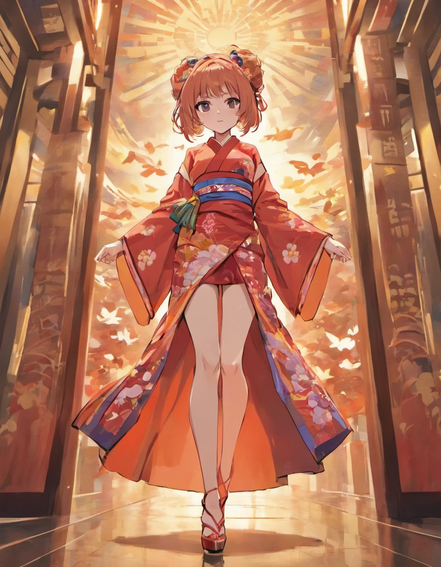 buxom woman, kimono, tall geta heels