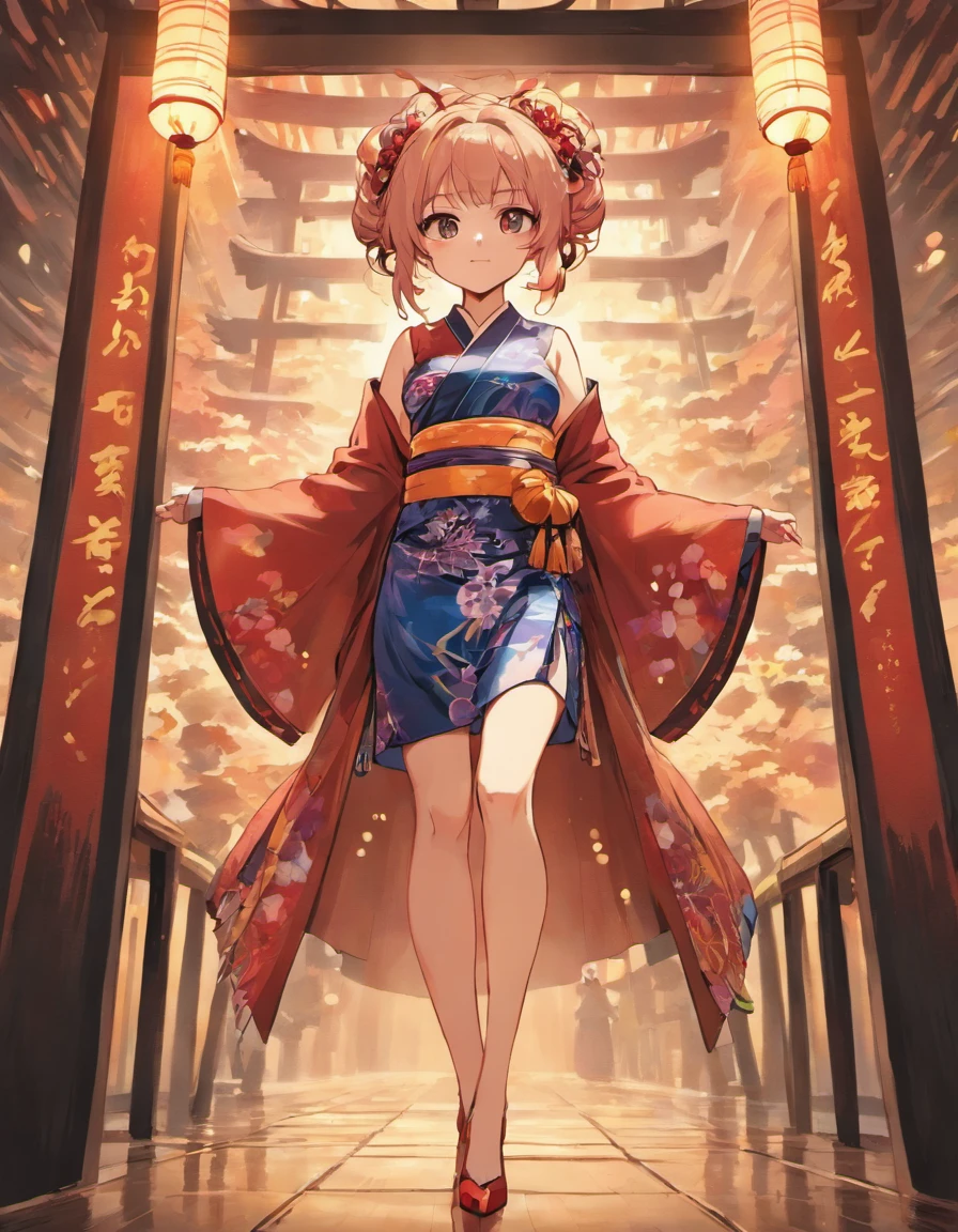 buxom woman, kimono, tall geta heels