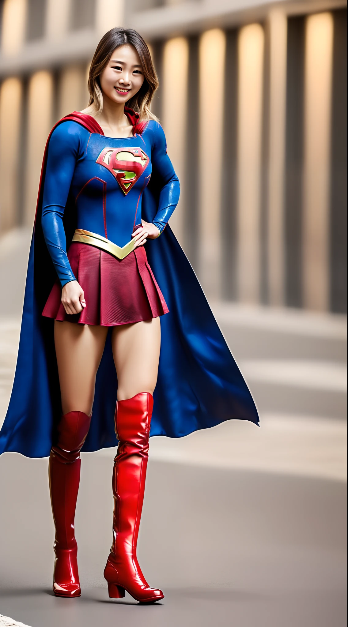 (((Make the most of the original image)))、(((Supergirl Costume)))、(((shiny short hair)))、(((Suffering)))、(((Feet must necessarily be worn with black tights)))、(((Smile)))、(((You need to wear red boots)))、((Top image quality、8K))、((top-quality、8K、​masterpiece:1.3))、(((Keep your background simple)))、Crisp focus:1.2、Beautiful woman with perfect body shape:1.4、Slender Abs:1.2、((layers-Cut、large boob:1.2))、a wet body:1.5、Highly detailed facial and skin texture、