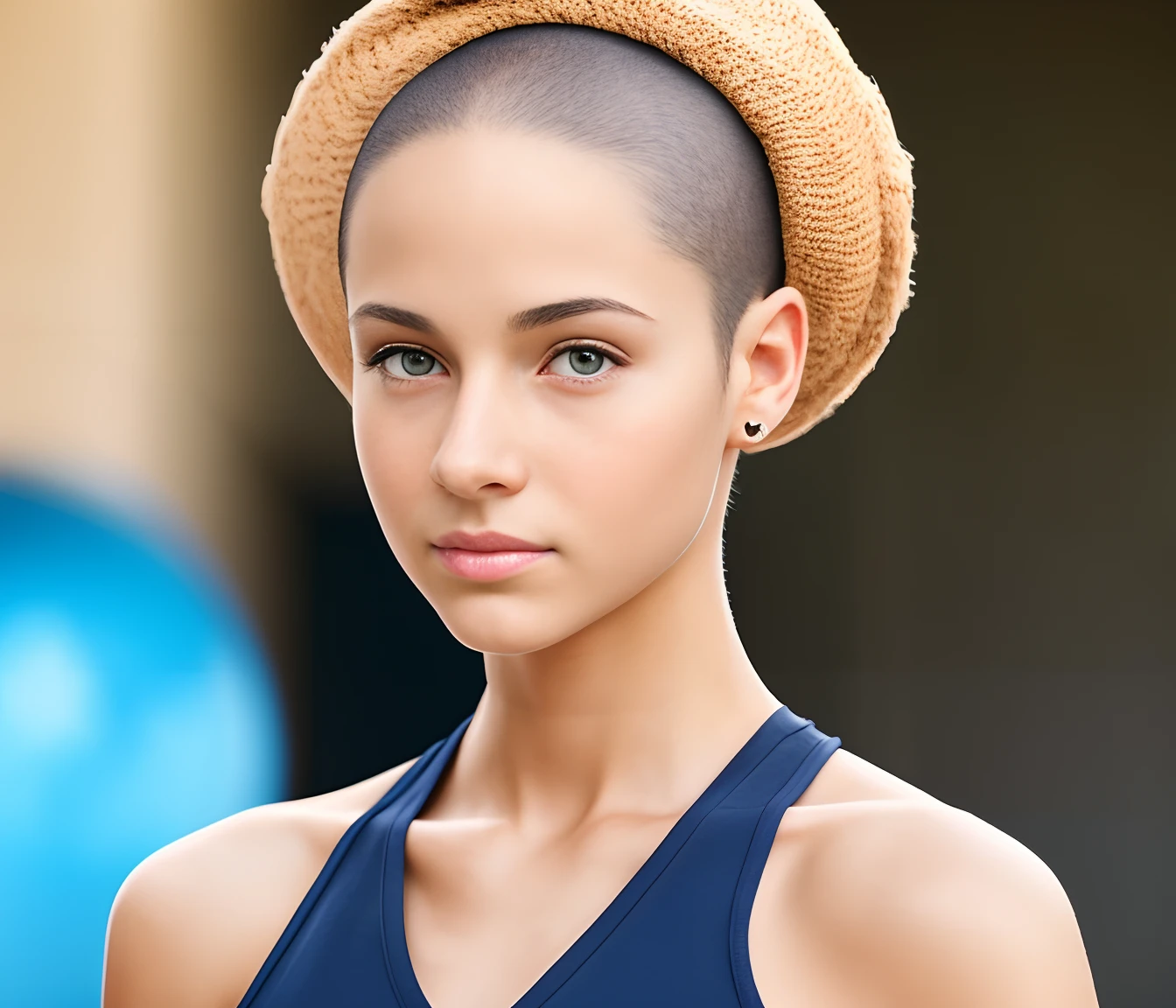 Skinny bald no hair teen hyper-real skin hyper-real face real skin 8k 18 year old hair pulled back into bun style looking directly into camera