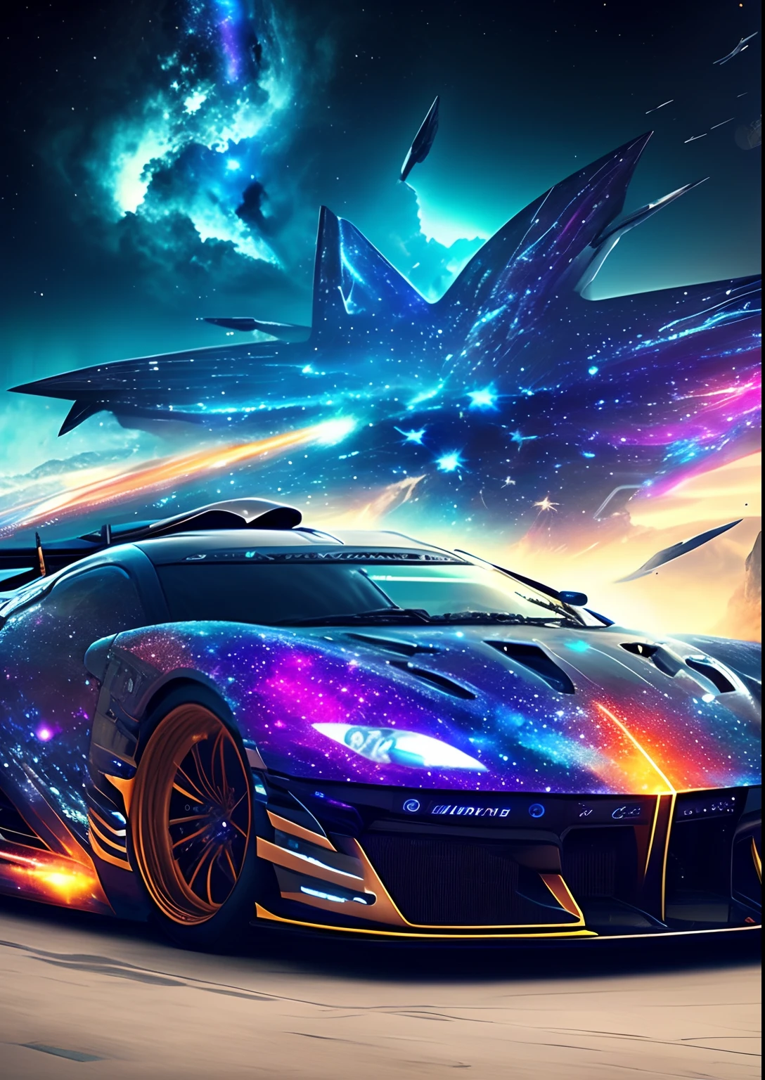 dreamlikeart, galaxy, outer space, nebula, star, [cyberpunked] Racing cars from the stars. (star:1.5),