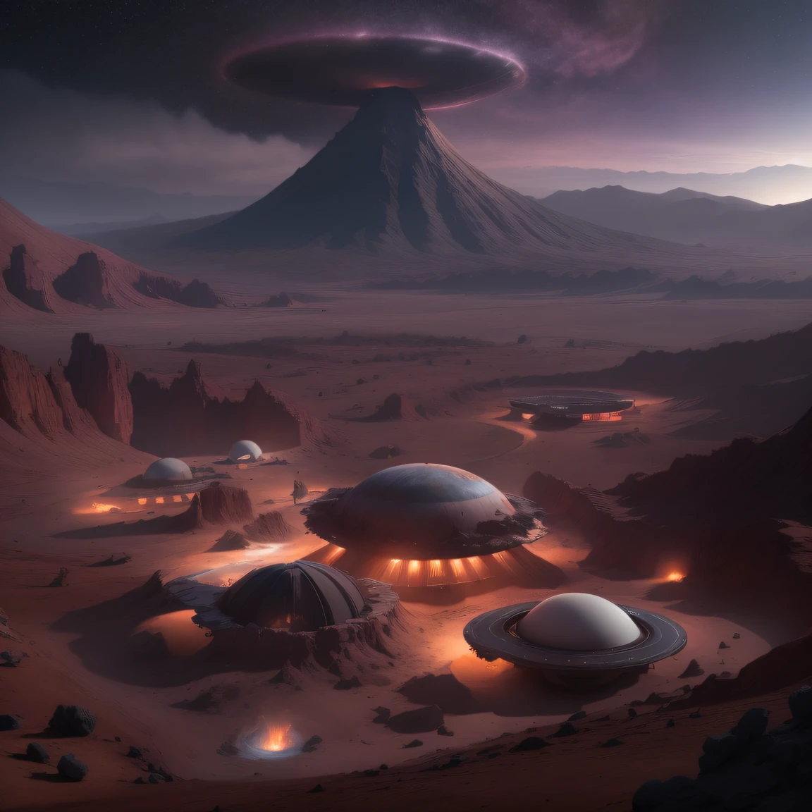 Alien base (Very detailed) In the mountainous desert,There are several exhaust fans and chimneys, Some spotlights come out of the base to illuminate dark places, (Extreme nights), Some clouds in the night sky, Some of the surrounding planets provide air to unknown planets,The farthest giant volcano is erupting