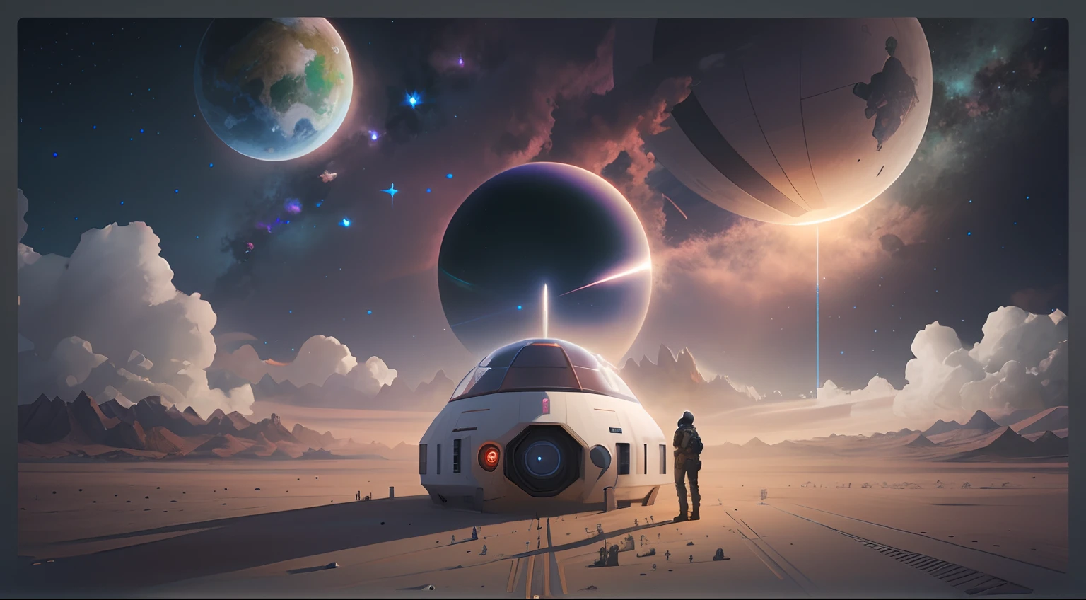 Nave espacial en un desierto con un hombre parado frente a ella, sci-fi digital art illustration, sci - fi illustration, sci-fi illustration, Arstation y Beeple altamente, 3 D render beeple, sci fi artwork, sci fi artwork, sci fi artwork, scifi art, en estilo de beeple, sci fi digital painting