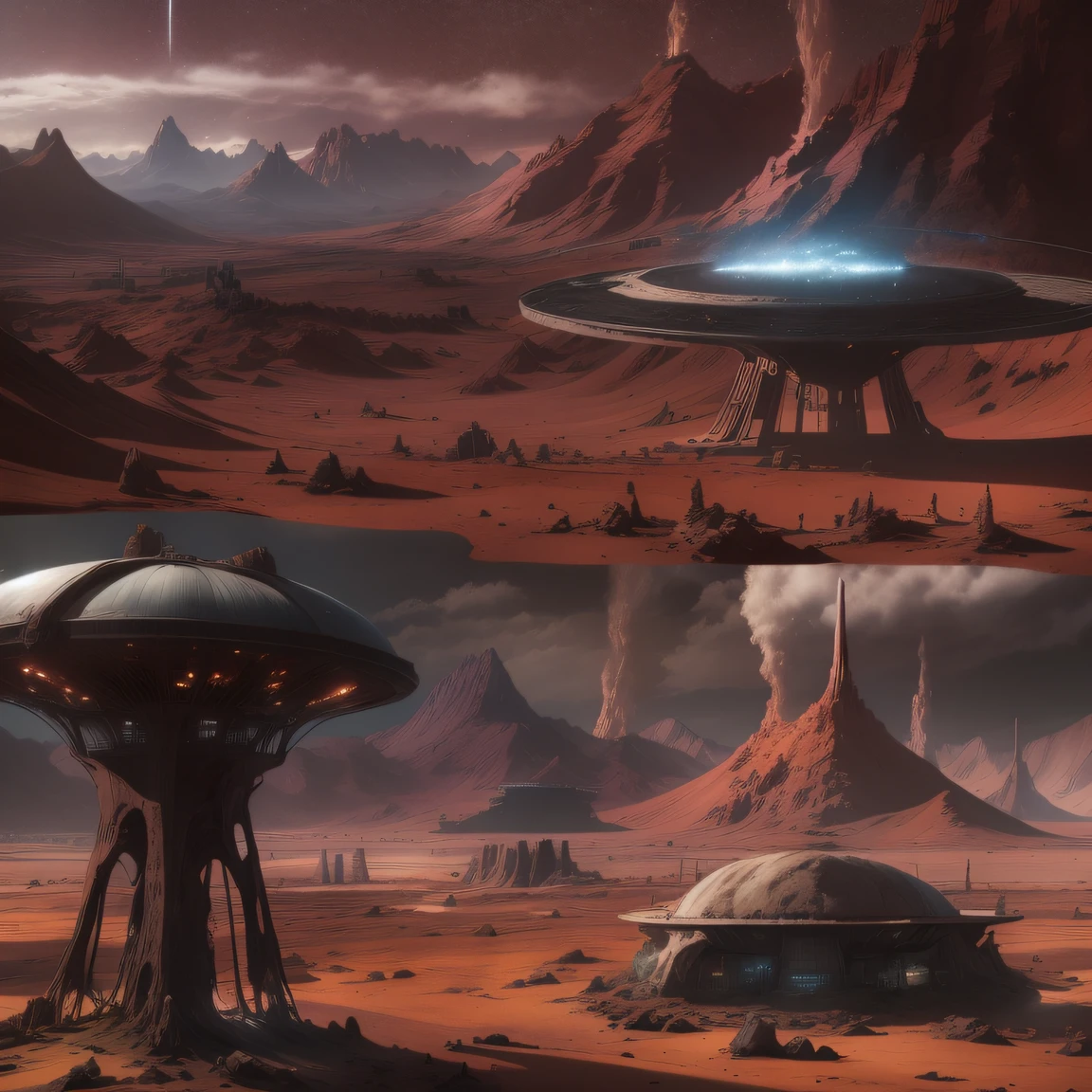 Alien base (Very detailed) In the mountainous desert,There are several exhaust fans and chimneys, Some spotlights come out of the base to illuminate dark places, (Extreme nights), Some clouds in the night sky, Some of the surrounding planets provide air to unknown planets,The farthest giant volcano is erupting
