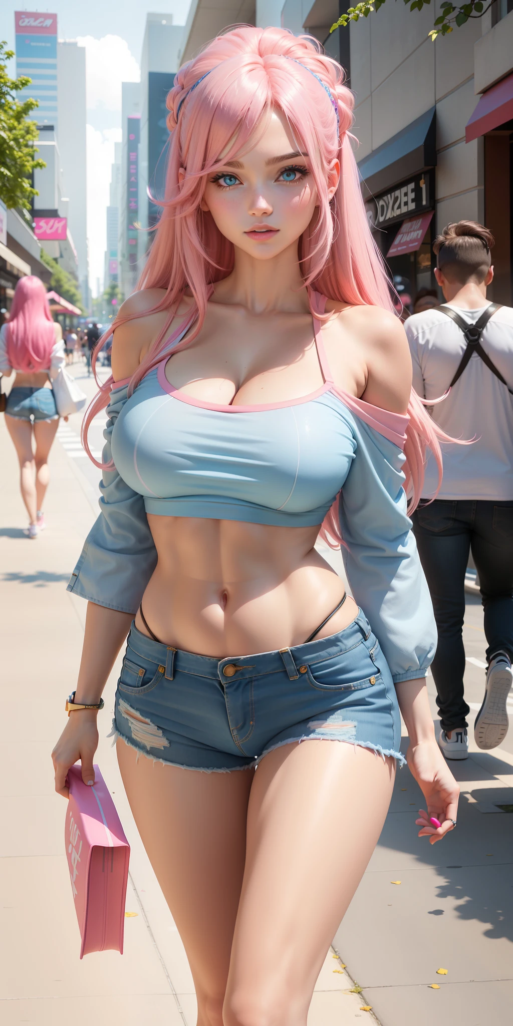 Cute soft big breasts ((beautiful girl)), ((ultra pink straight hair parted in the middle)), blue eyes, perfect eyes ((sexy face)), ((sexy look)), sexy short ripped denim shorts , , off-the-shoulder top with one sleeve, defined abs showing, feminine and stylish sneakers, ((8k)), super detailed, walking in a mall))