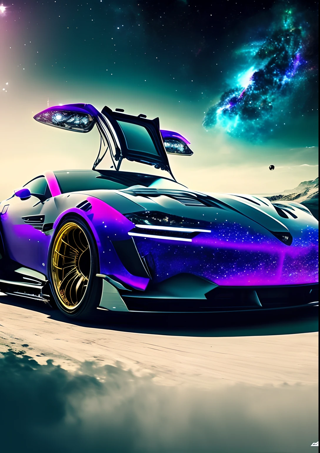 dreamlikeart, galaxy, outer space, nebula, star, [cyberpunked] Sports cars from the stars. (star:1.5),