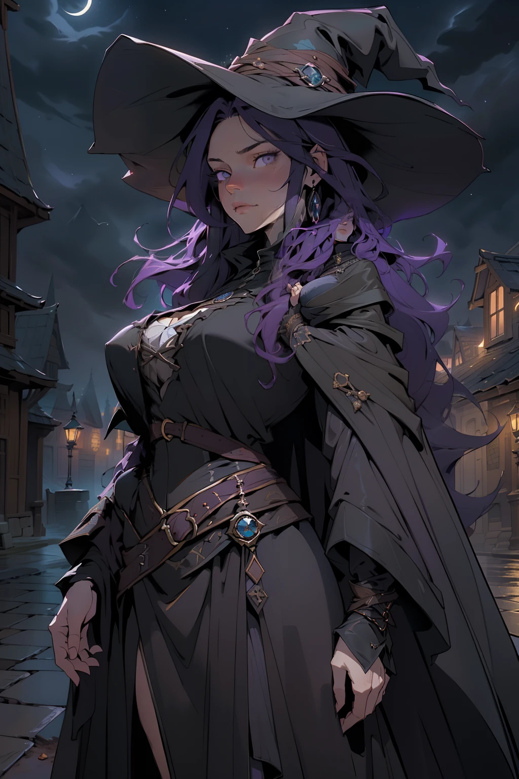 4k, high quality, cowboy shot, digital painting of beautiful young girl, witch, long dark purple hair, flowing hair, giant witches hat, long black cloak, big breasts, fully clothed, layers of cloth clothing, witch clothes, covered in darkness, in the night, night time street, giant flowing cloak, encompassing cloak flowing