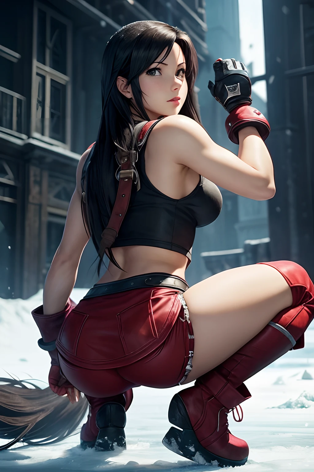 ❄️🔥❤️‍🔥😏 Tifa lockhart, Final fantasy, The perspective of the image should be from above and from behind, as she performs a "slav squat" pose