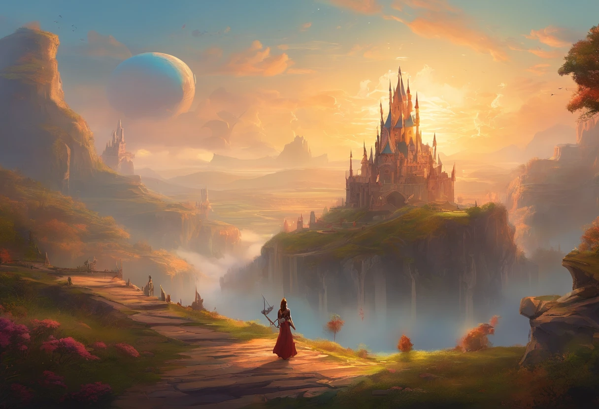 A mechanical castle flying in the sky，Ultra-wide-angle lens effect。sunny clear sky，Artistically，in a panoramic view，immensity，Old，Desert landscape，Ship frame，the sunset，Giant wall on the horizon，View from above，decor，sculpted，decor，buliding，big breasts beautiful，Amazing，high high quality，fanciful，Wide screen，A high resolution，Highly meticulous，Picturesque。