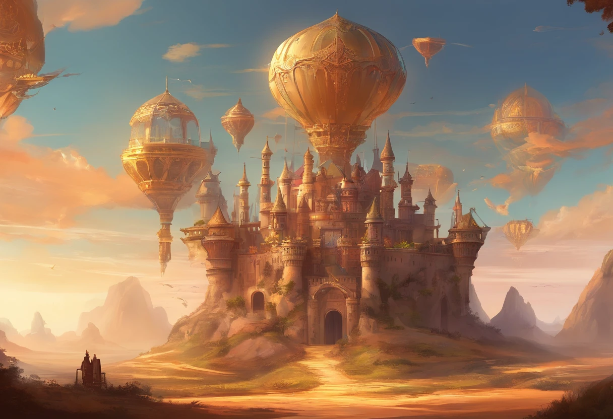 A mechanical castle flying in the sky,Ultra-wide-angle lens effect。sunny clear sky,Artistically,in a panoramic view,immensity,Old,Desert landscape,Ship frame,the sunset,Giant wall on the horizon,View from above,decor,sculpted,decor,buliding,big breasts beautiful,Amazing,high high quality,fanciful,Wide screen,A high resolution,Highly meticulous,Picturesque。
