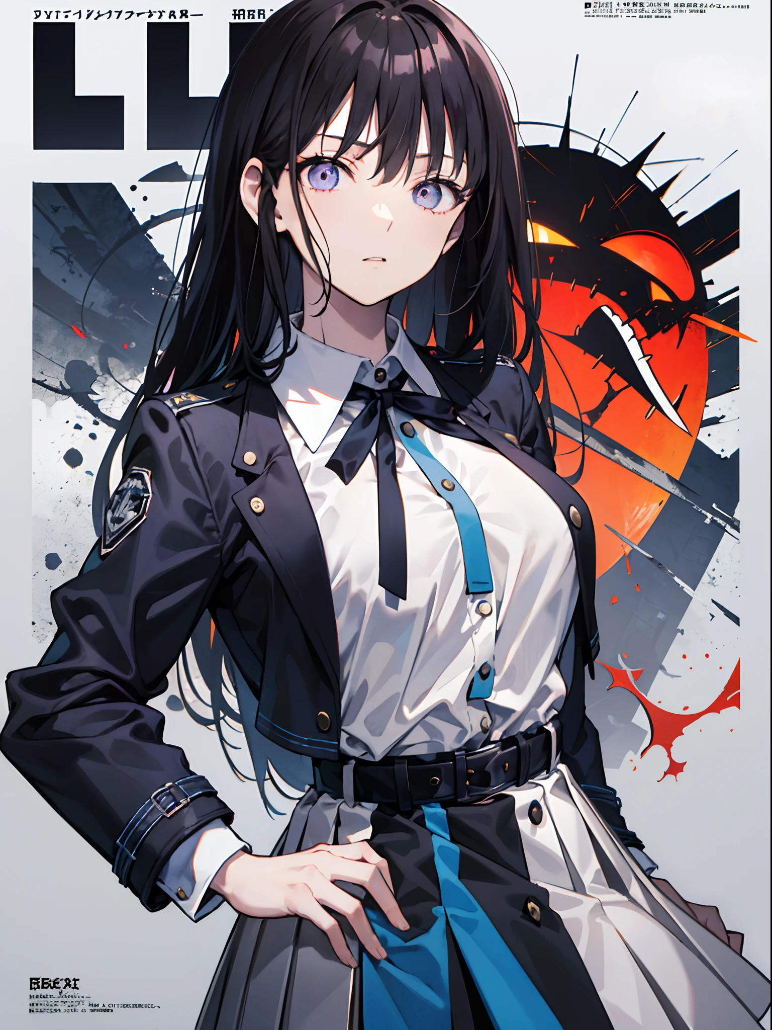 takinainoue, inoue takina, long hair, bangs, black hair, (purple eyes:1.2), BREAK shirt, long sleeves, dress, ribbon, school uniform, white shirt, collared shirt, belt, neck ribbon, blue dress, green ribbon, pleated dress, grey dress, two-tone dress, blue belt, lycoris uniform, BREAK outdoors, city, BREAK (masterpiece:1.2), best quality, high resolution, unity 8k wallpaper, (illustration:0.8), (beautiful detailed eyes:1.6), extremely detailed face, perfect lighting, extremely detailed CG, (perfect hands, perfect anatomy),((((dramatic))), (((gritty))), (((intense))) film poster featuring a young woman as the central character. She stands confidently in the center of the poster, wearing a stylish and edgy outfit, with a determined expression on her face. The background is light and gritty, with a sense of danger and intensity. The text is bold and attention-grabbing, with a catchy tagline that adds to the overall feeling of drama and excitement. The color palette is mainly light with splashes of vibrant colors, giving the poster a dynamic and visually striking appearance,tachi-e (magazine:1.3), (cover-style:1.3), fashionable, woman, vibrant, outfit, posing, front, colorful, dynamic, background,
