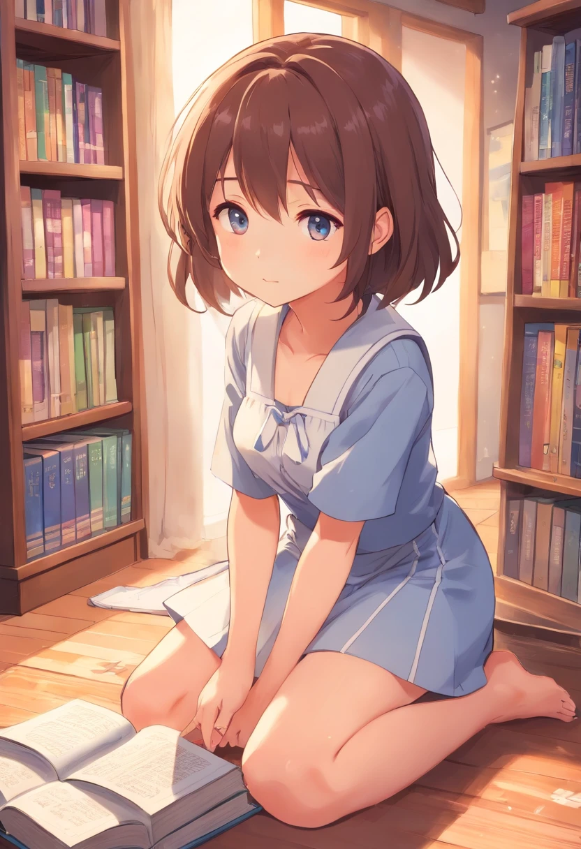 Cute loli，Barefoot，Tummy down，head looking up，Raise your feet，shift dresses，white  panties，largeeyes，Anime cute face，looking at book，Wet da