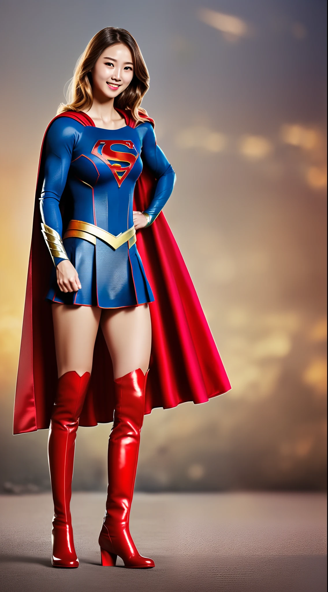 (((Make the most of the original image)))、(((Supergirl Costume)))、(((shiny short hair)))、(((Suffering)))、(((Feet must necessarily be worn with black tights)))、(((Smile)))、(((You need to wear red boots)))、((Top image quality、8K))、((top-quality、8K、​masterpiece:1.3))、(((Keep your background simple)))、Crisp focus:1.2、Beautiful woman with perfect body shape:1.4、Slender Abs:1.2、((layers-Cut、large boob:1.2))、a wet body:1.5、Highly detailed facial and skin texture、