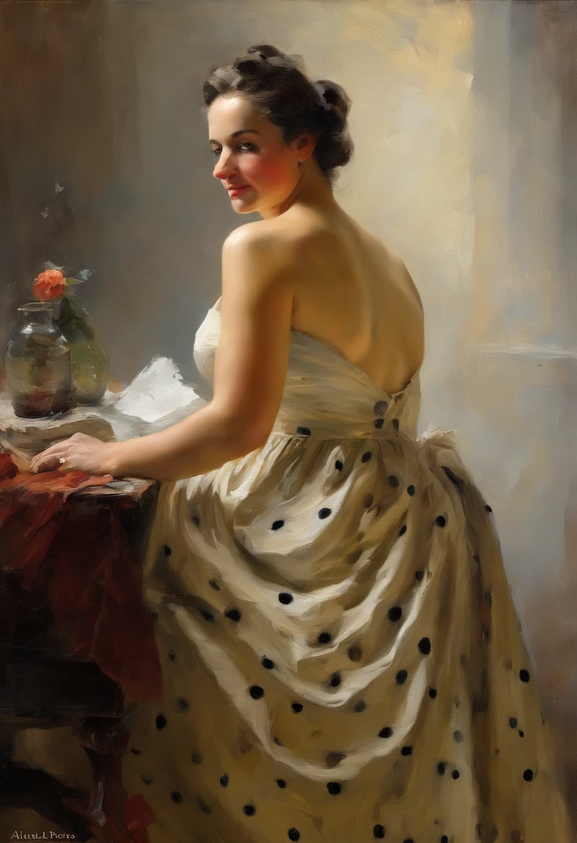 A painting of a woman with Gigantic saggy breasts, Milk breasts, for milking, Huge nipples,  sitting by open window witha bird purched on the ledge, clay interior walls, her eyes closed, perfect arms and hands, elegant in nature, beautiful backlighting on hair, full lips, wavy hair, up-do, her elbow leaning on arm of chair, {{Antique rosewood armchair / Georgian button back chair}}, with her hand resting under her chin, smiling about the events of the day, wearing a beautiful polka dots dress, with exposed cleavage, {{nudity}} breasts exposed and hanging out, {{1 breast out leaking milk from nipple}}, ((golden ratio}} sleepy after a long day, a sensual painting, a Beautiful expressive painting, Wadim Kashin. Ultra photo realism, Louise Ross, digital painting art, Perceptual digital painting, Stylish digital painting, Bonito painting, glossy digital painting, beautiful digital painting, digital art painting, Fine paintings, thick strokes, pallette knife, impasto, Albrecht Dürer, Rembrandt, baroque art, alla prima, sfumato, chiaroscuro, intense light, {{catchlight}}